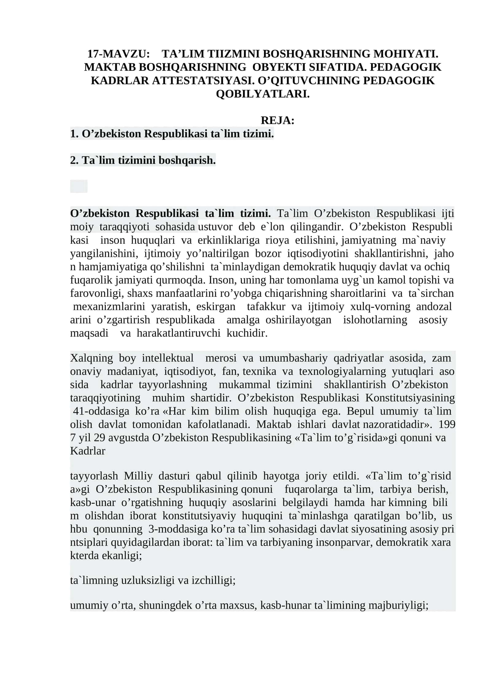 TA’LIM TIIZMINI BOSHQARISHNING MOHIYATI. MAKTAB BOSHQARISHNING OBYEKTI SIFATIDA. PEDAGOGIK KADRLAR ATTESTATSIYASI. O’QITUVCHINING PEDAGOGIK QOBILYATLARI 1