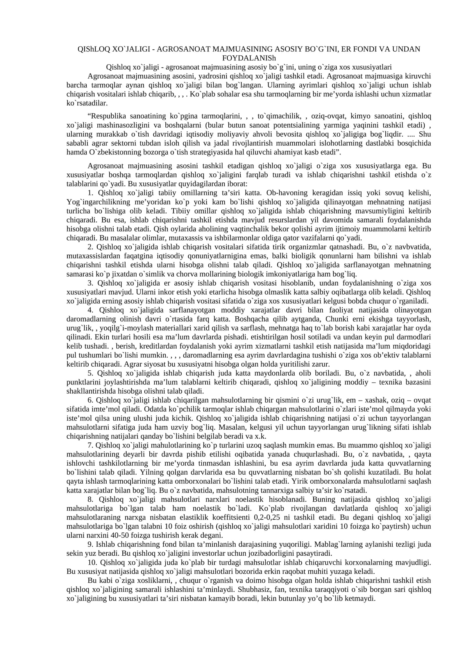 QIShLOQ XO`JALIGI - AGROSANOAT MAJMUASINING ASOSIY BO`G`INI, ER FONDI VA UNDAN FOYDALANISh 1