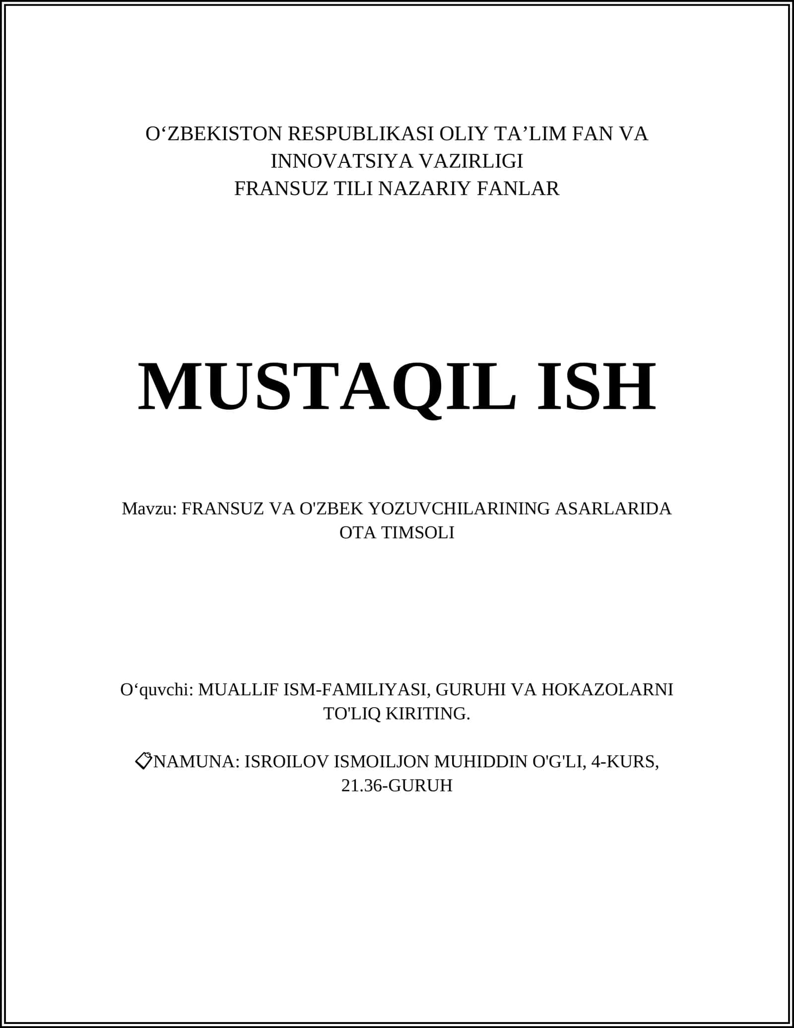 FRANSUZ VA O'ZBEK YOZUVCHILARINING ASARLARIDA OTA TIMSOLI 1