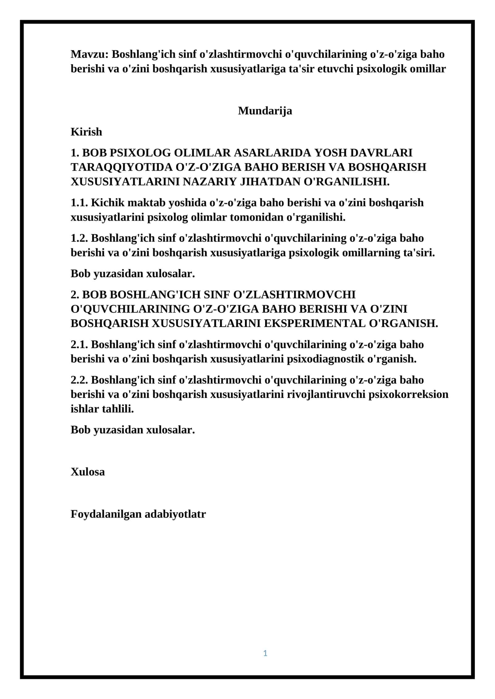 Boshlang'ich sinf o'zlashtirmovchi o'quvchilarining o'z-o'ziga baho berishi va o'zini boshqarish xususiyatlariga ta'sir etuvchi psixologik omillar 1