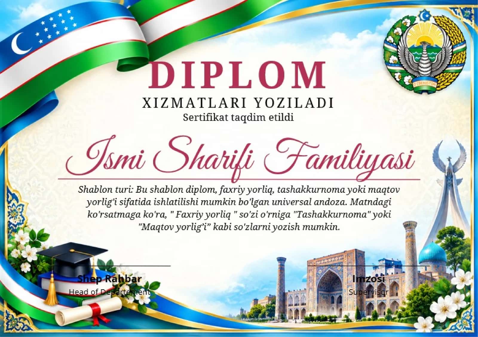 Shablon diplom, sertifikat, faxriy yorliq, tashakkurnoma yoki maqtov yorlig'i 1