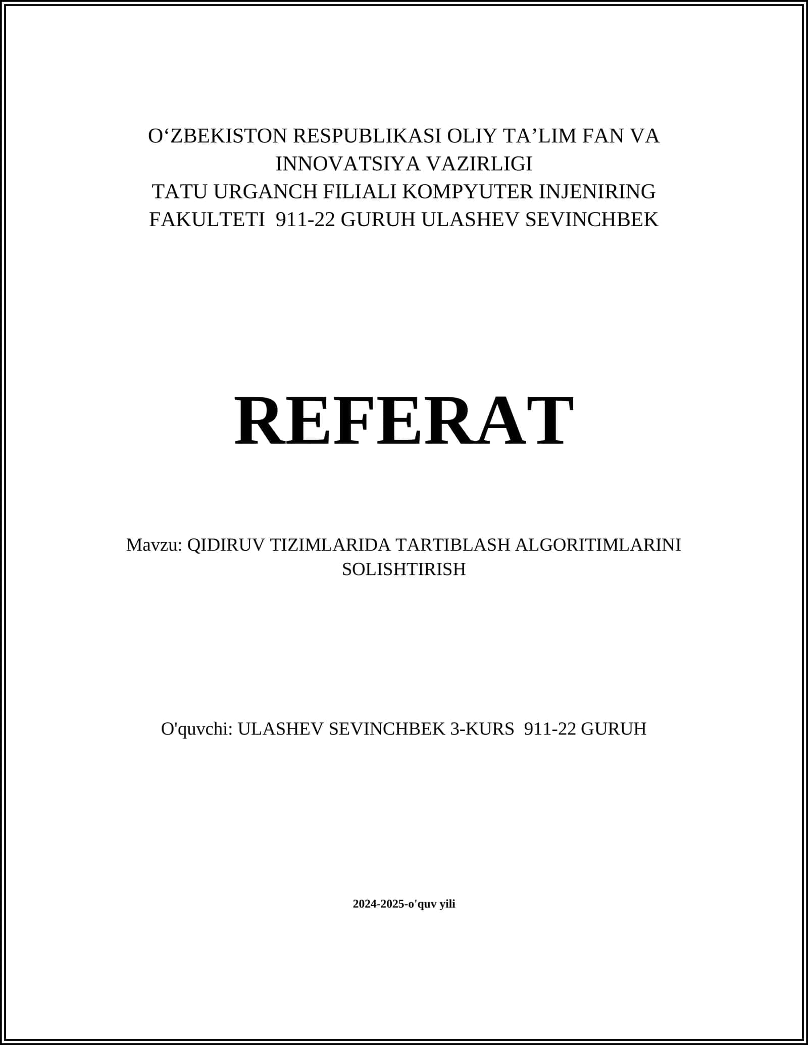 QIDIRUV TIZIMLARIDA TARTIBLASH ALGORITIMLARINI SOLISHTIRISH 1