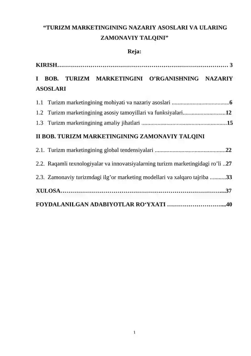 Turizm marketingining nazariy asoslari va ularning zamonaviy talqini