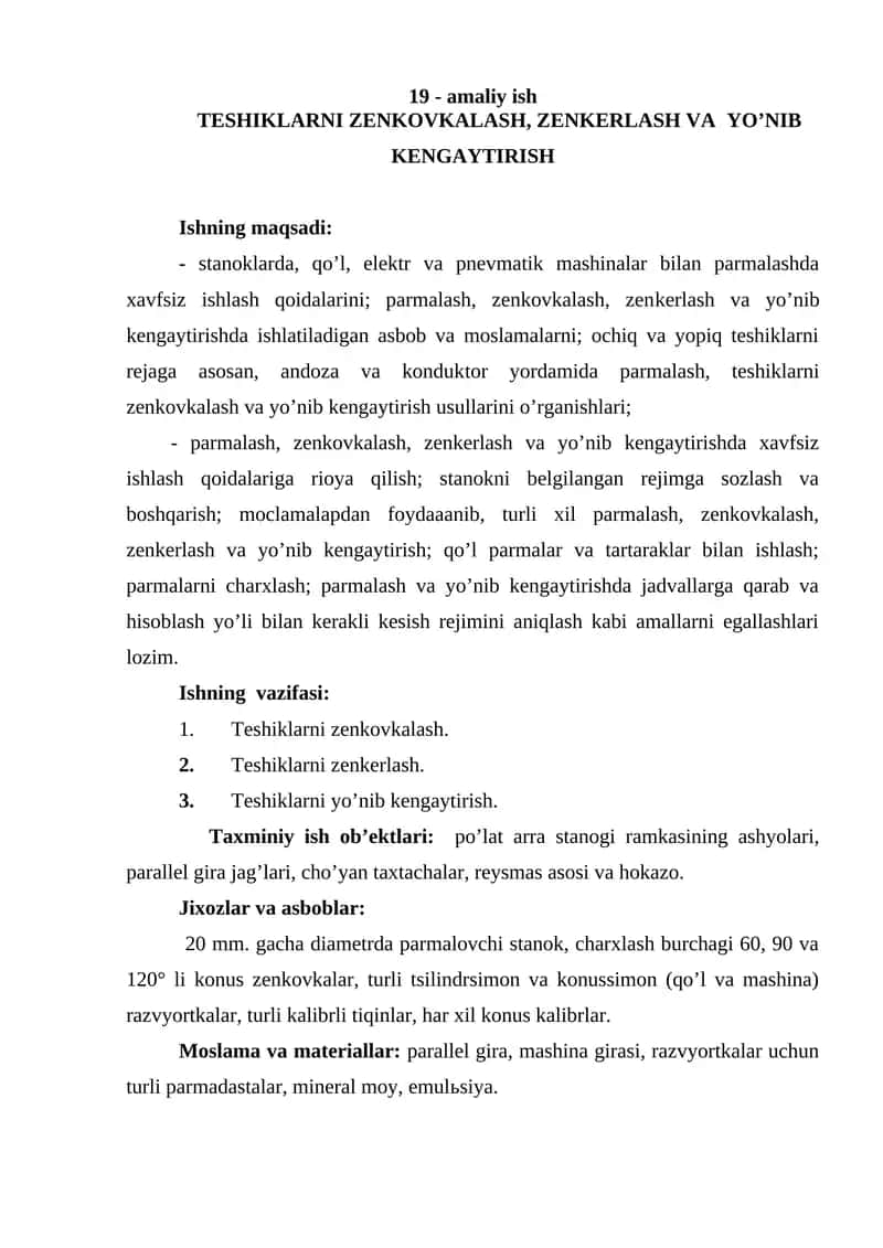 Teshiklarni zenkovkalash, zenkerlash va yo’nib kengaytirish 1