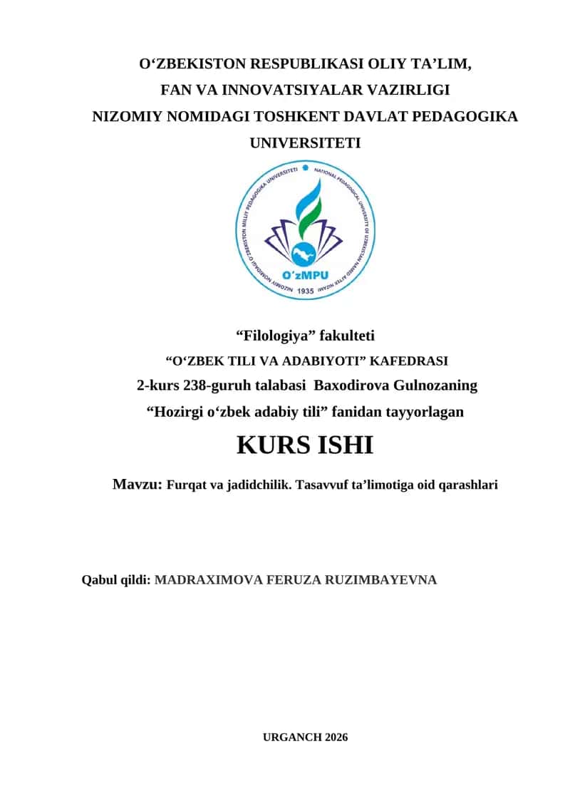 Furqat va jadidchilik. Tasavvuf taʼlimotiga oid qarashlari 1