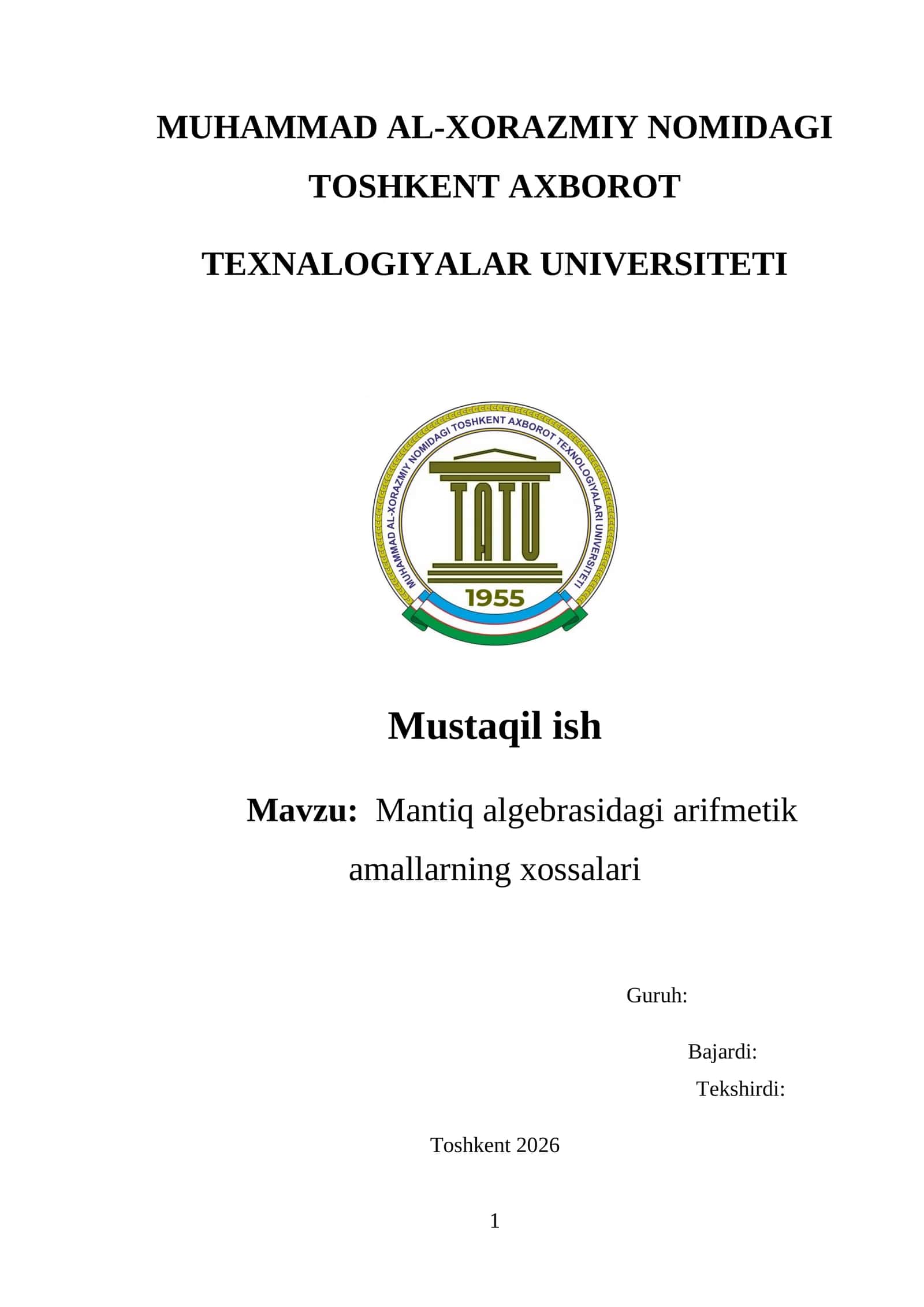 Mantiq algebrasidagi arifmetik amallarning xossalari 1