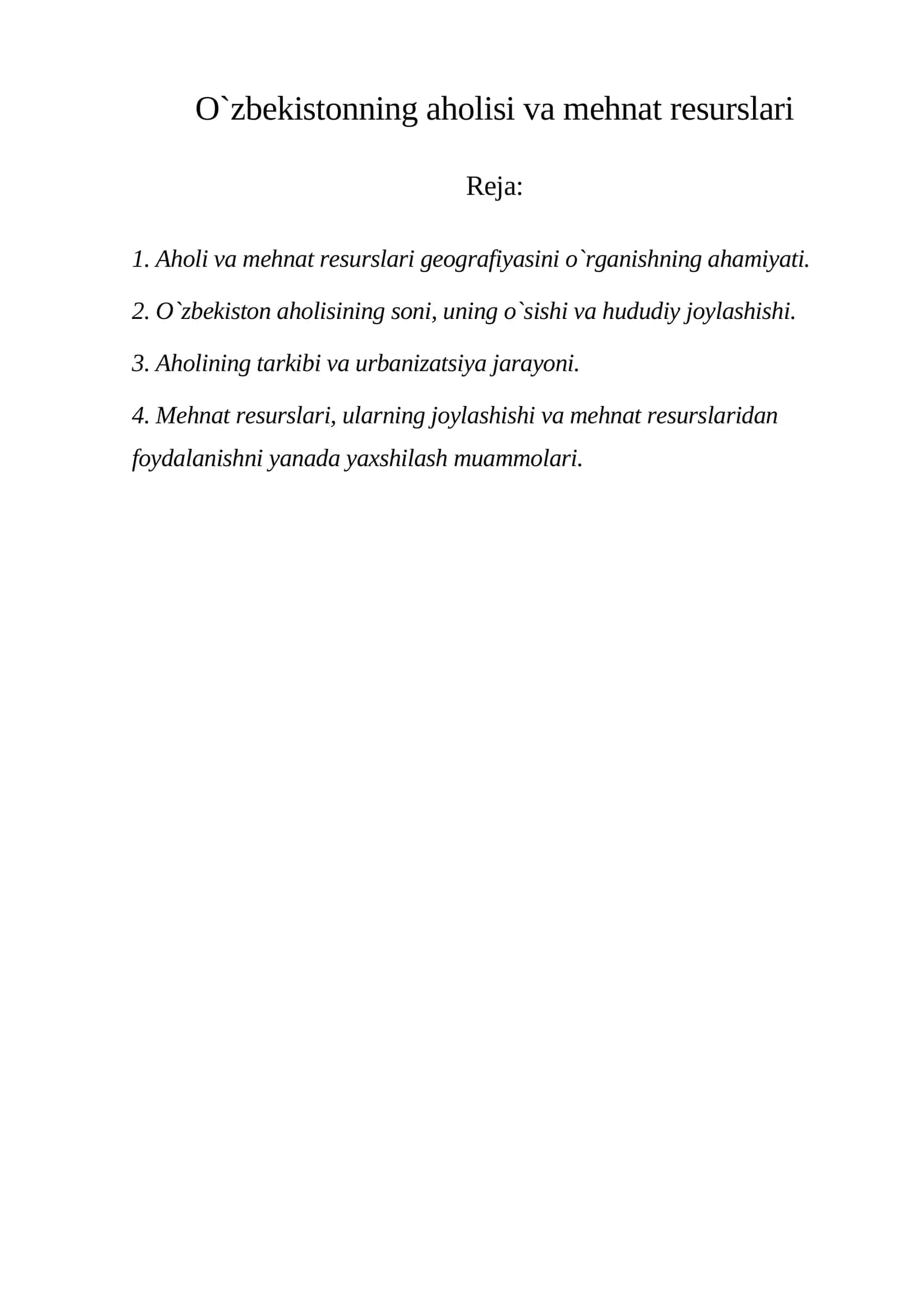 O`zbekistonning aholisi va mehnat resurslari 1