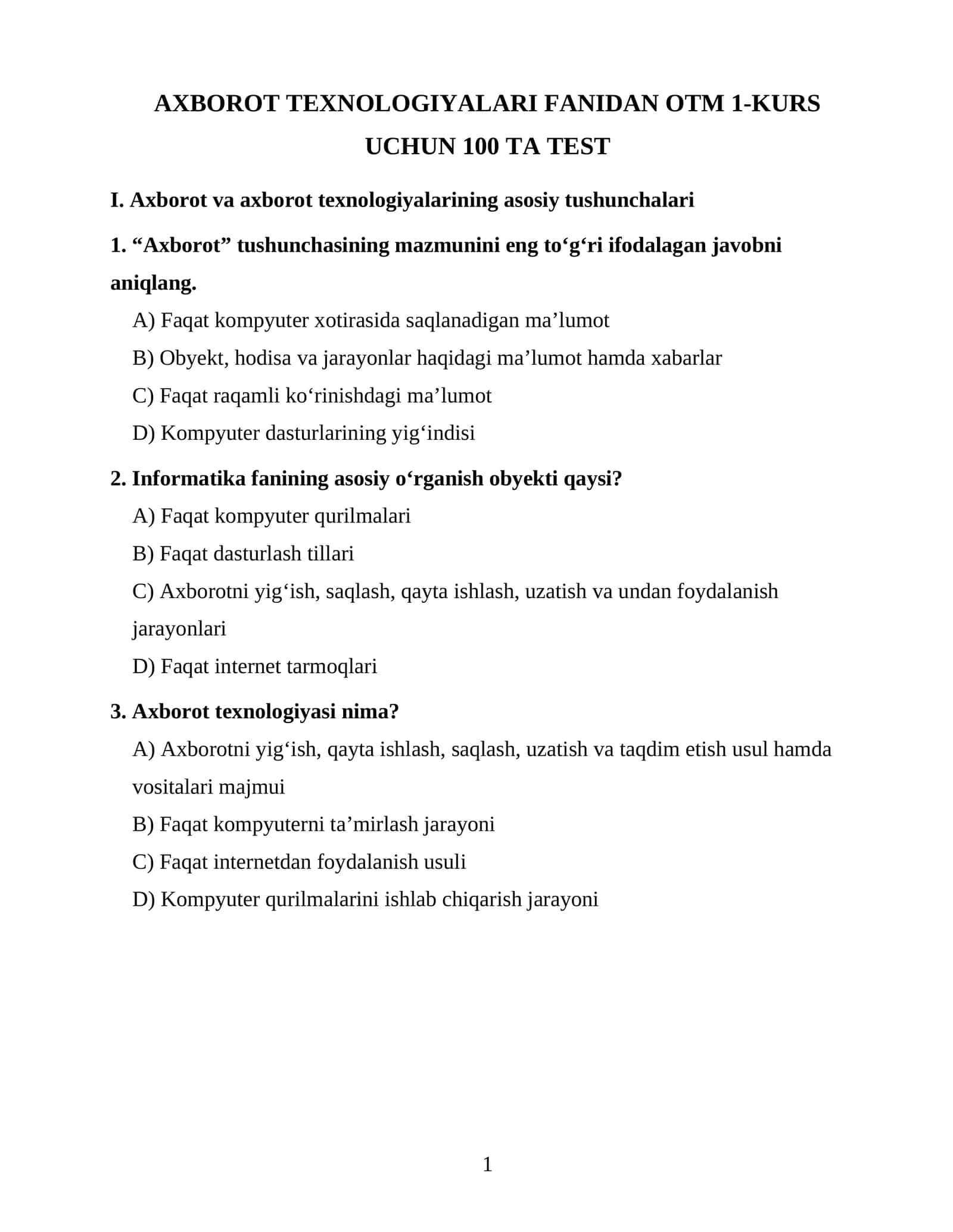 AXBOROT TEXNOLOGIYALARI FANIDAN OTM 1-KURS UCHUN 100 TA TEST 1