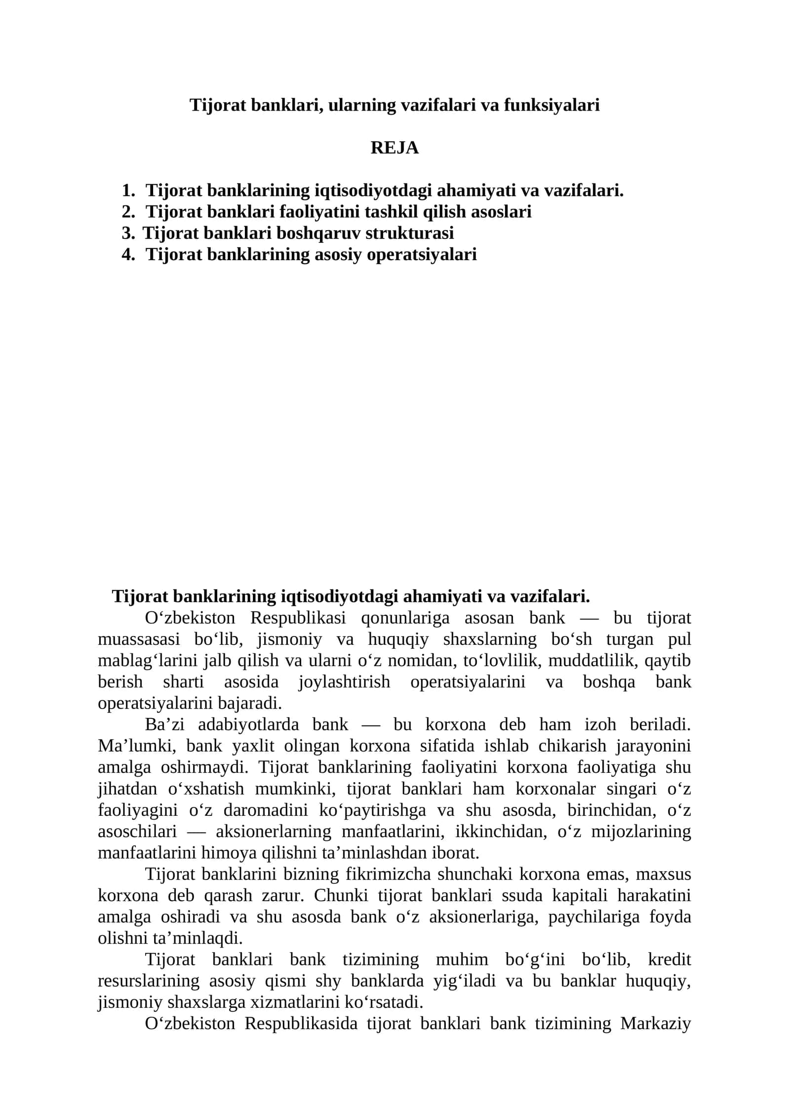 Tijorat banklari, ularning vazifalari va funksiyalari 1