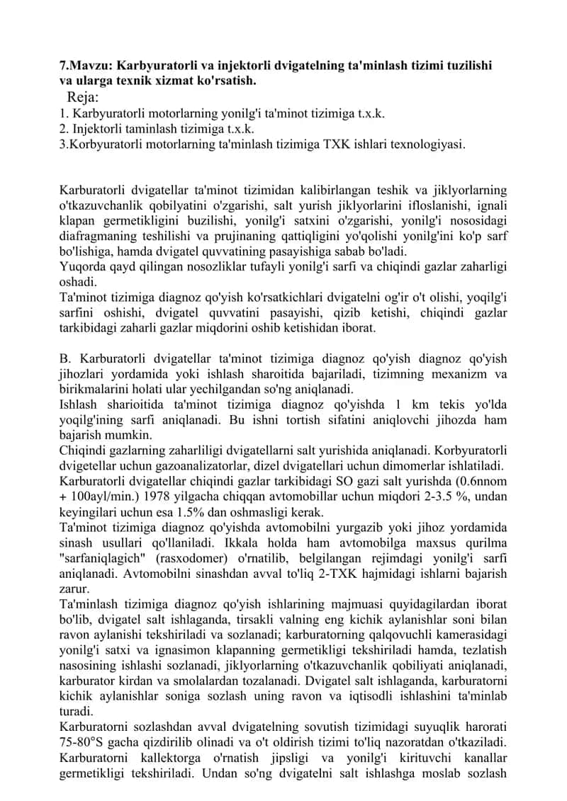Karbyuratorli va injektorli dvigatelning ta'minlash tizimi tuzilishi va ularga texnik xizmat ko'rsatish 1