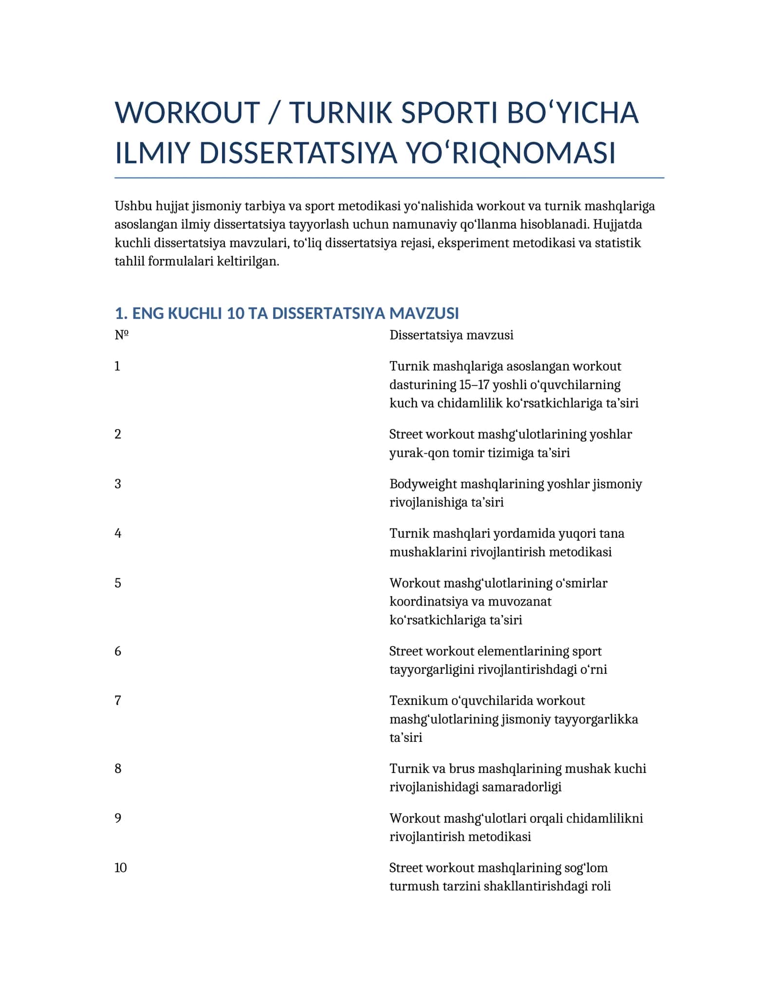 WORKOUT / TURNIK SPORTI BO‘YICHA ILMIY DISSERTATSIYA YO‘RIQNOMASI 1