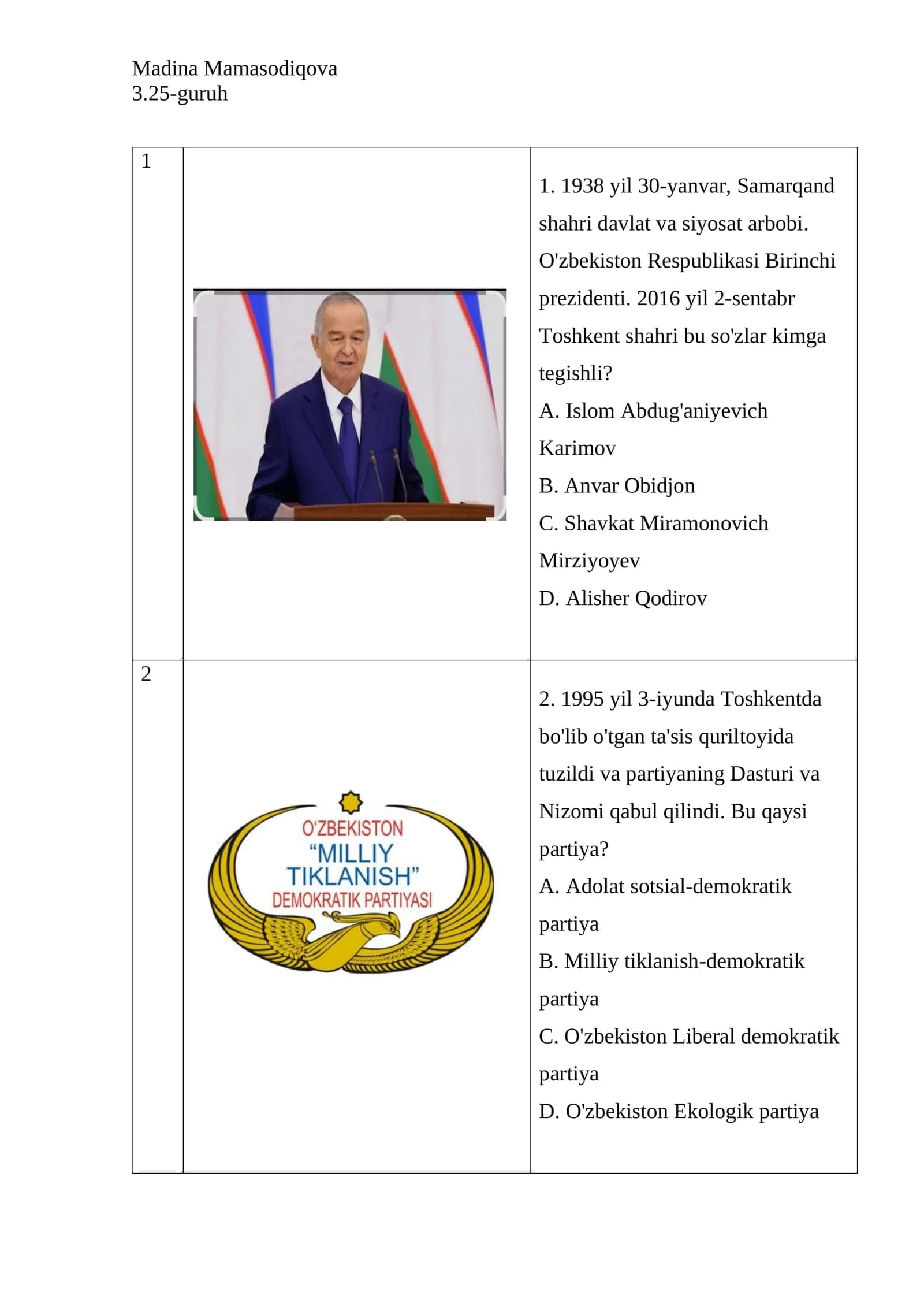 1938 yil 30-yanvar, Samarqand shahri davlat va siyosat arbobi. O'zbekiston Respublikasi Birinchi prezidenti. 2016 yil 2-sentabr Toshkent shahri bu so'zlar kimga tegishli? 1