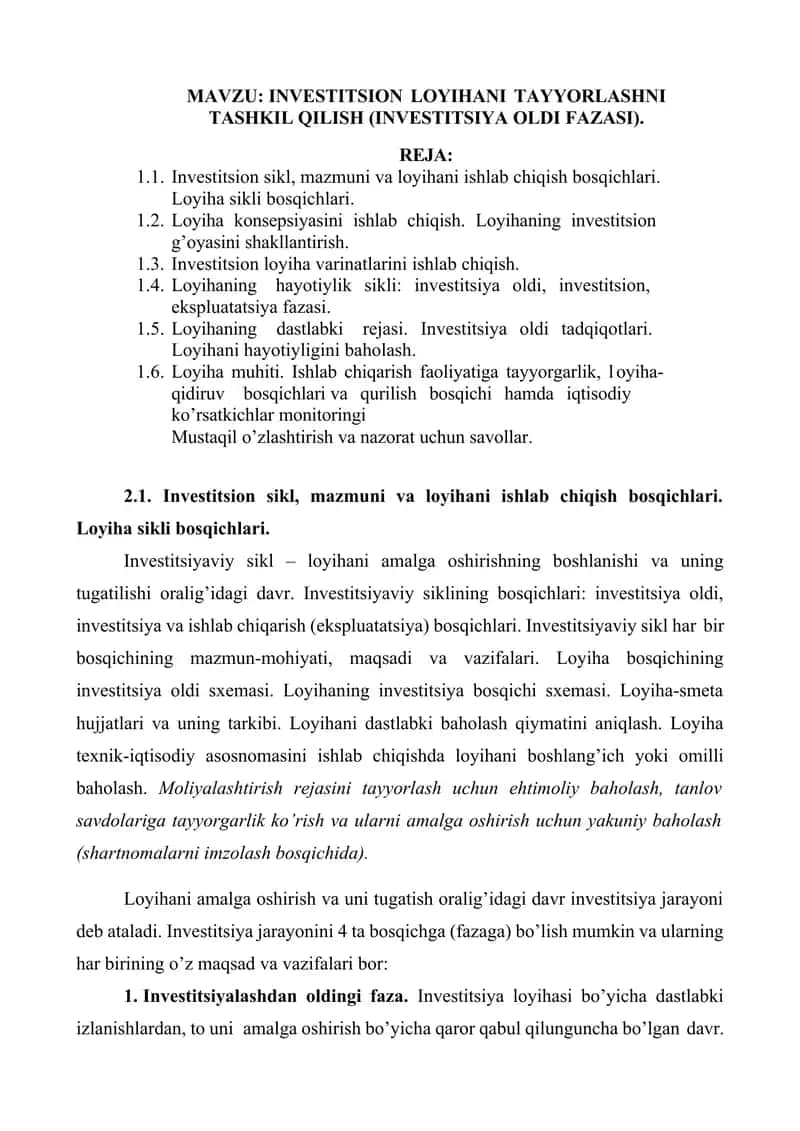 INVESTITSION LOYIHANI TAYYORLASHNI TASHKIL QILISH (INVESTITSIYA OLDI FAZASI). 1