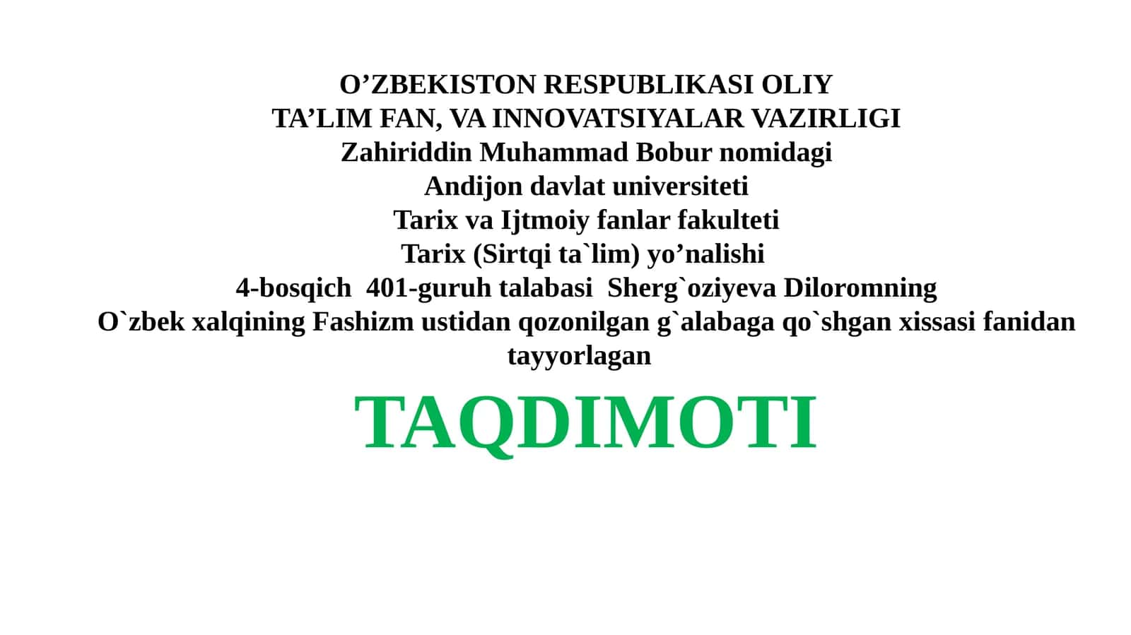 O`zbek xalqining Fashizm ustidan qozonilgan g`alabaga qo`shgan xissasi 1