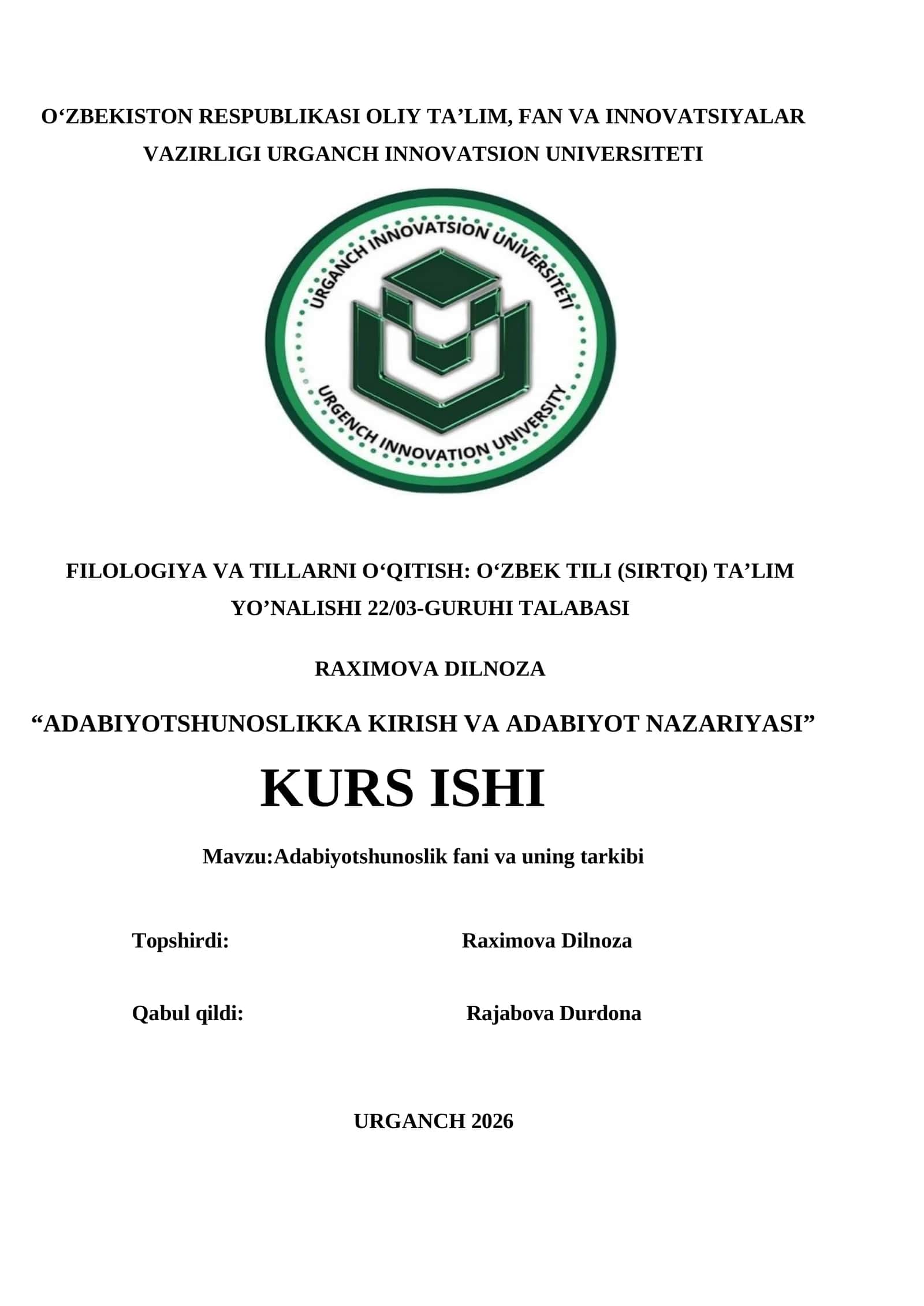 Adabiyotshunoslikka kirish va adabiyot nazariyasi 1