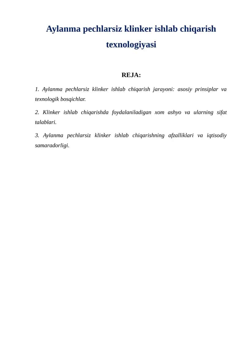 Aylanma pechlarsiz klinker ishlab chiqarish texnologiyasi 1
