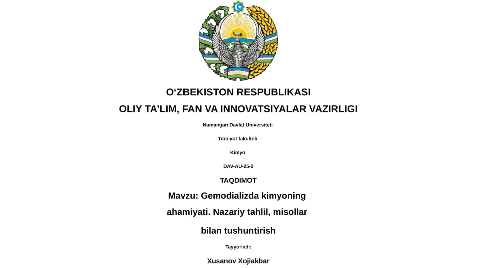 Gemodializda kimyoning ahamiyati. Nazariy tahlil, misollar bilan tushuntirish 1