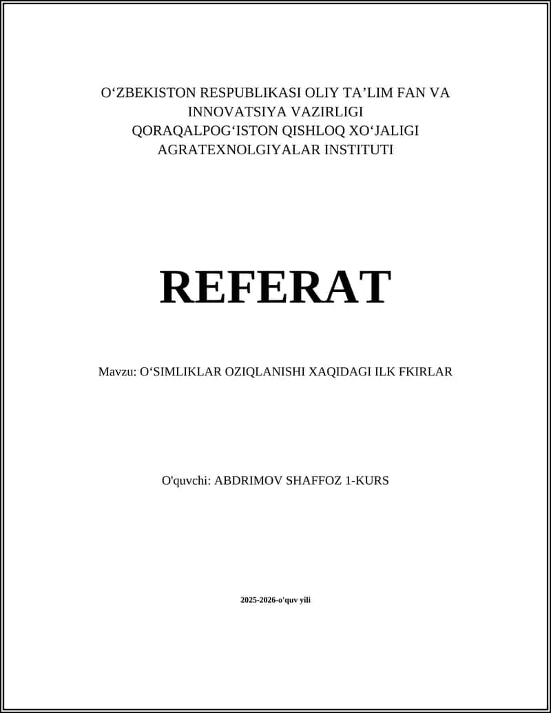 OʻSIMLIKLAR OZIQLANISHI XAQIDAGI ILK FKIRLAR 1
