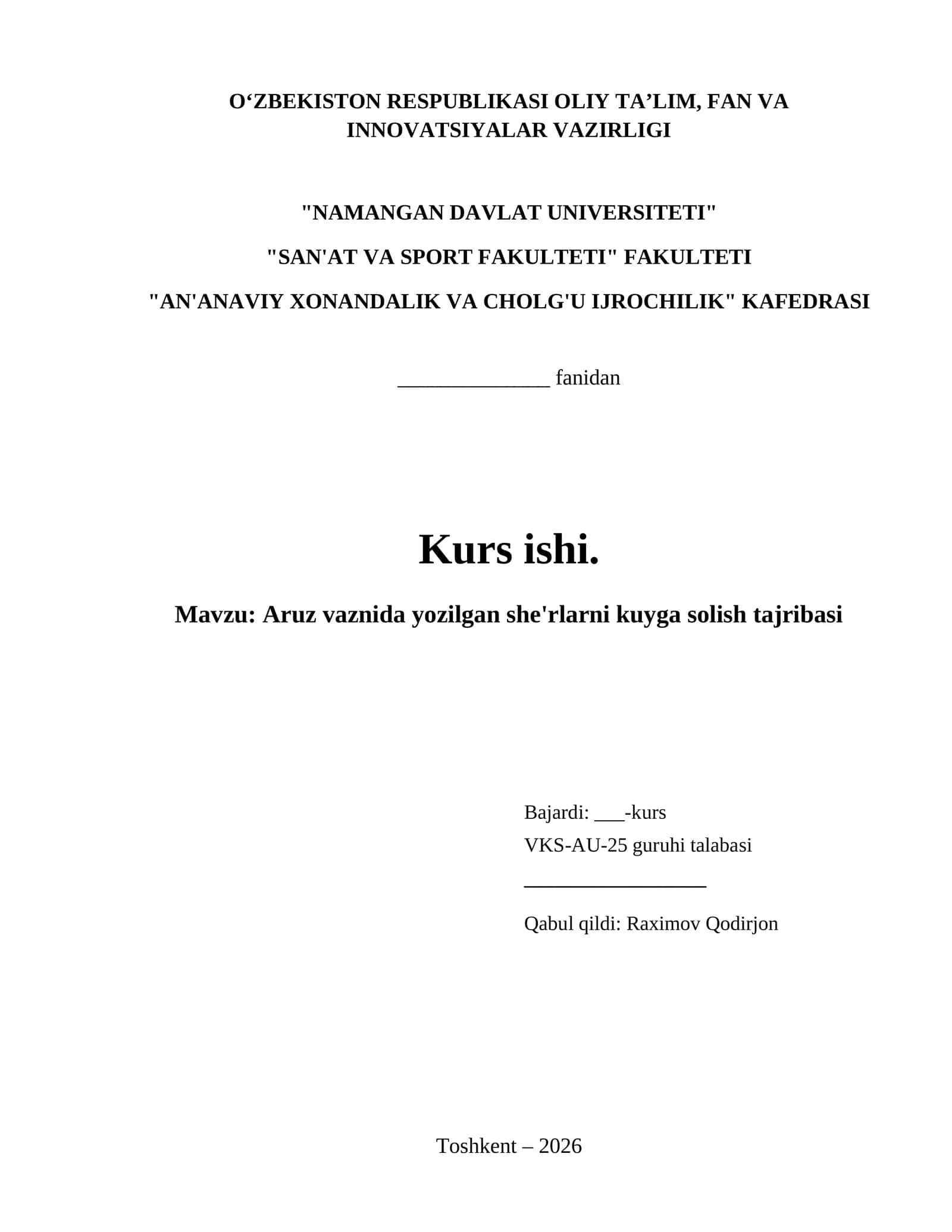 Aruz vaznida yozilgan she'rlarni kuyga solish tajribasi 1