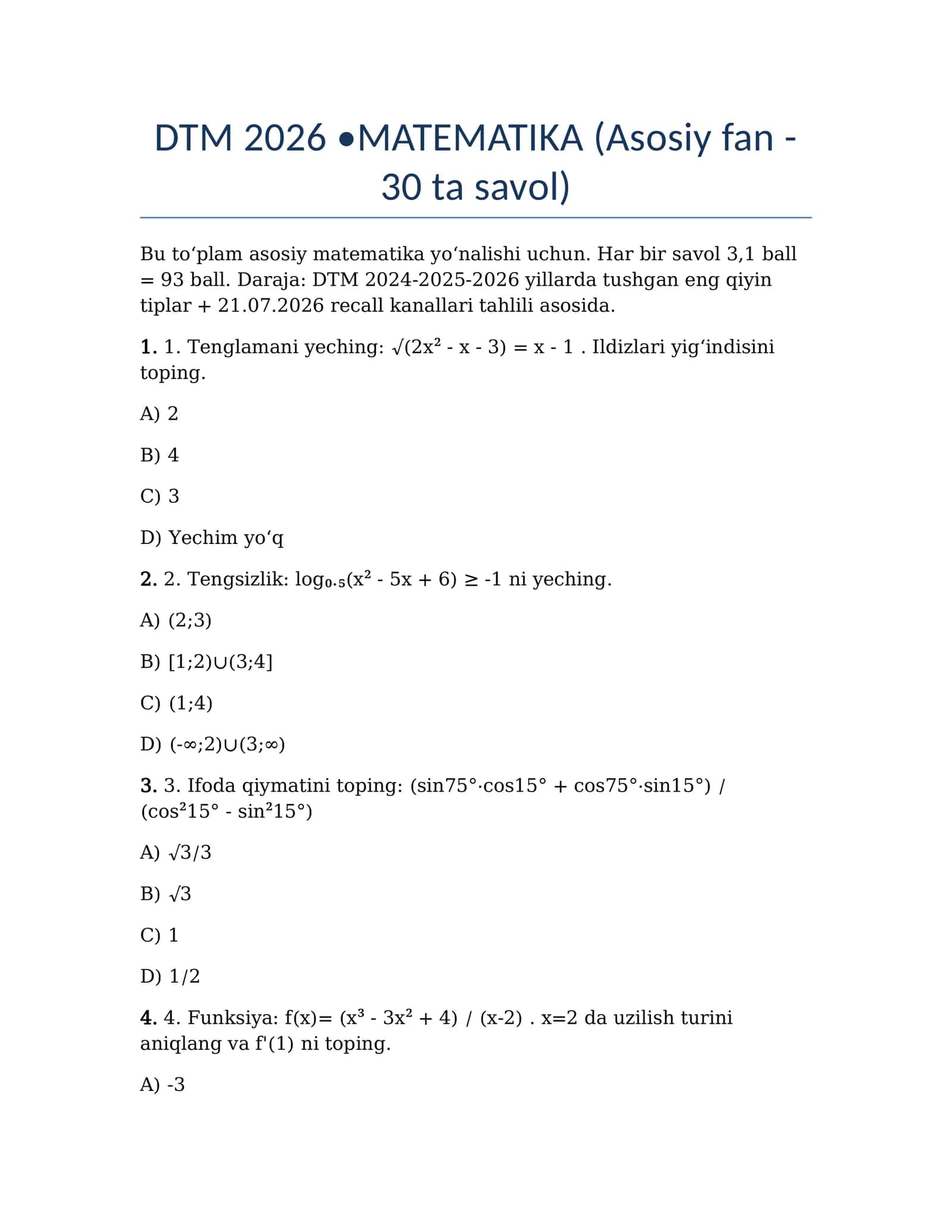 DTM 2026 •MATEMATIKA (Asosiy fan - 30 ta savol) 1