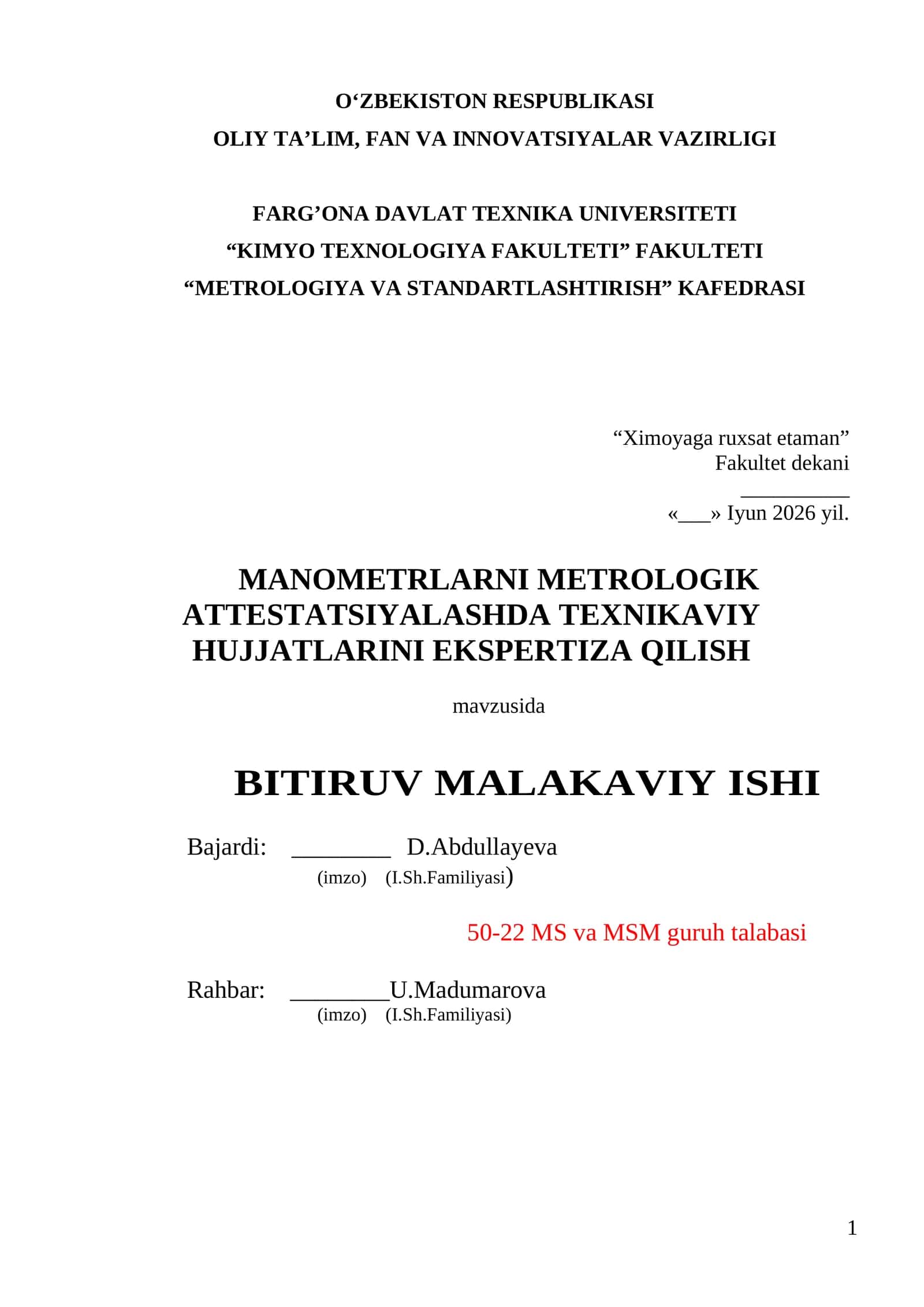 Manometrlarni metrologik attestatsiyalashda texnikaviy hujjatlarini ekspertiza qilish 1