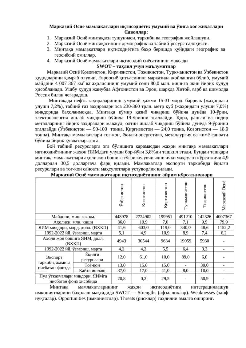 Марказий Осиё мамлакатлари иқтисодиёти 1