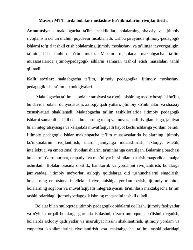 MTT larda bolalar moslashuv ko‘nikmalarini rivojlantirish 1