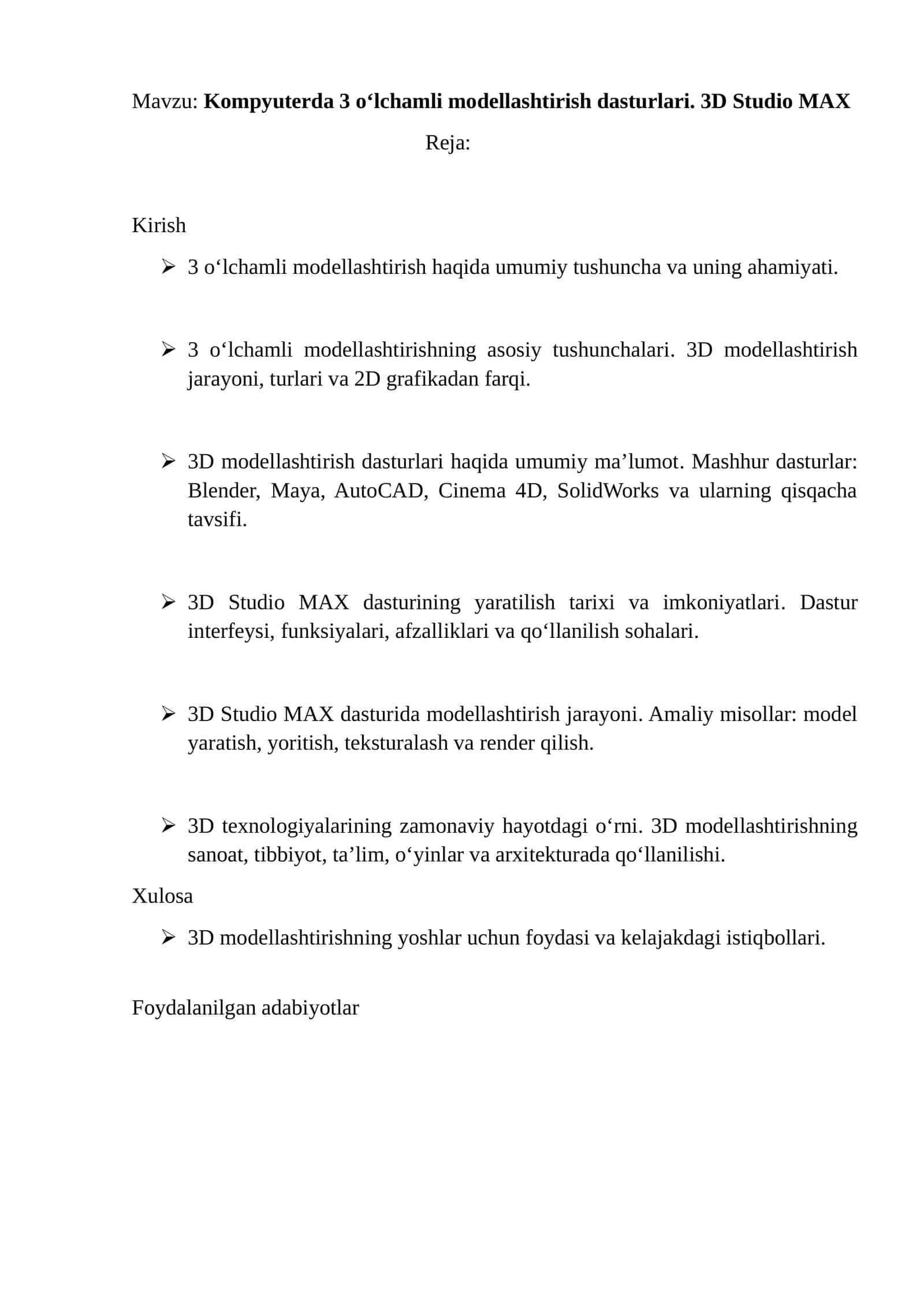 "Kompyuterda 3 o‘lchamli modellashtirish dasturlari. 3D Studio MAX" mavzusida referat 1
