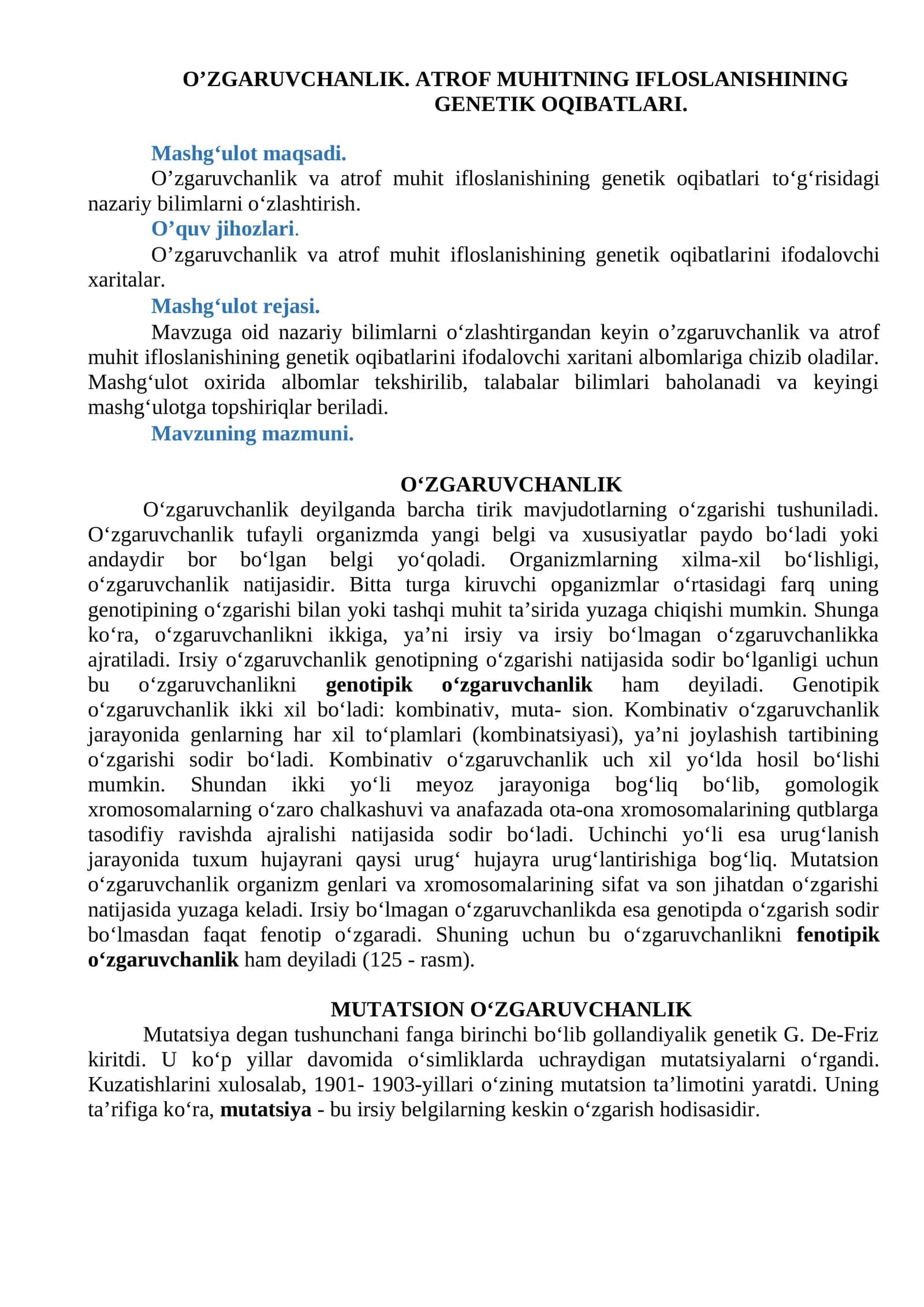 O’ZGARUVCHANLIK. ATROF MUHITNING IFLOSLANISHINING GENETIK OQIBATLARI 1