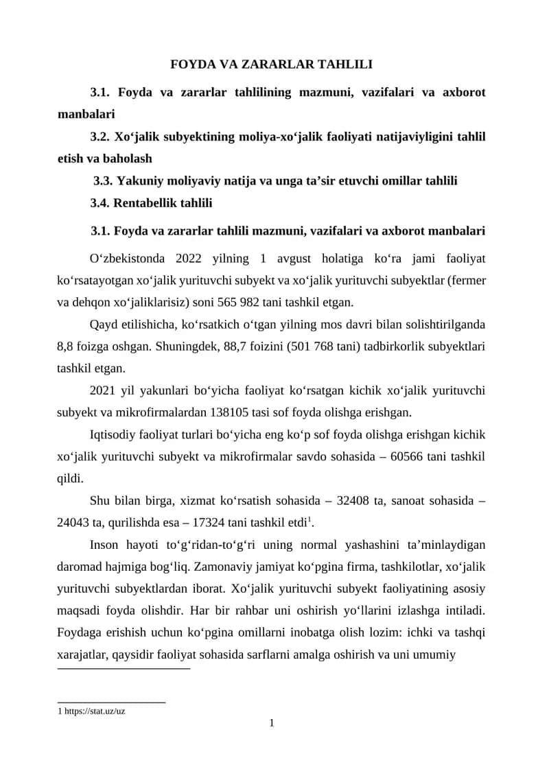 Foyda va zararlar tahlili 1