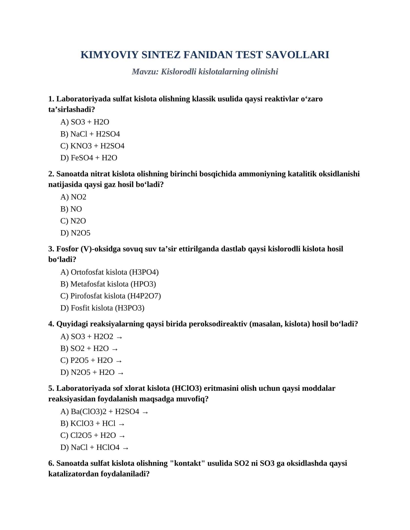 KIMYOVIY SINTEZ FANIDAN TEST SAVOLLARI 1