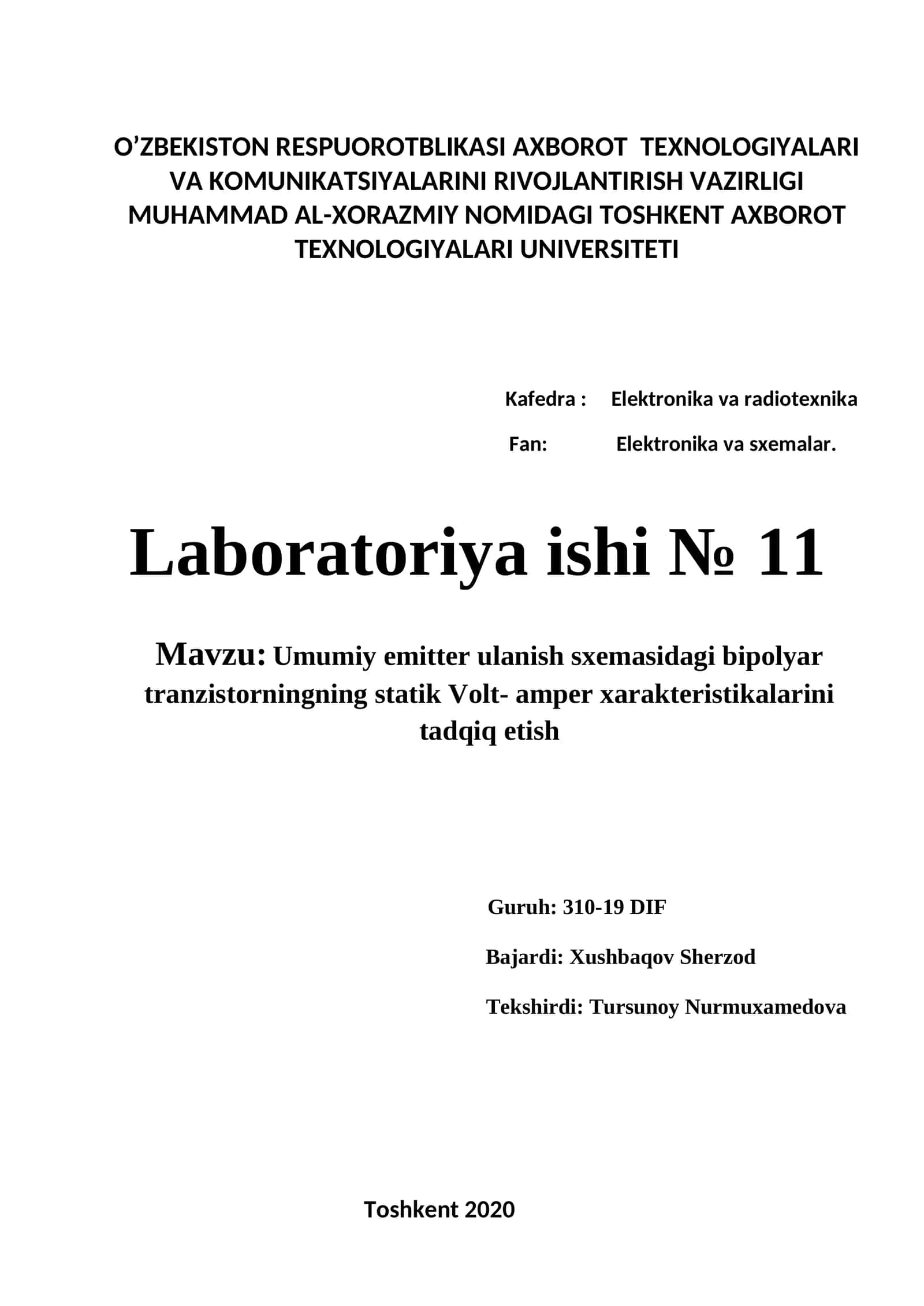 Umumiy emitter ulanish sxemasidagi bipolyar tranzistorningning statik Volt- amper xarakteristikalarini tadqiq etish 1