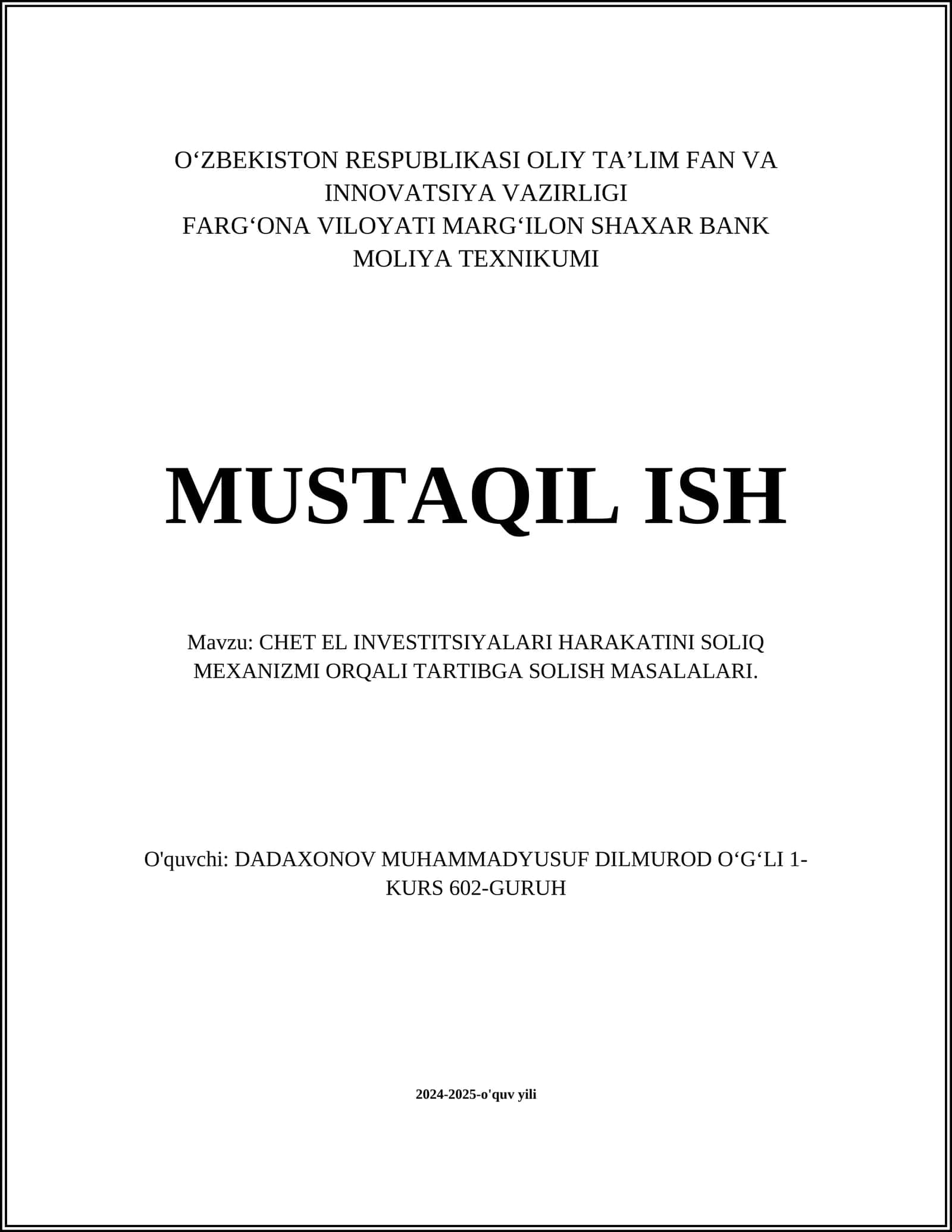 CHET EL INVESTITSIYALARI HARAKATINI SOLIQ MEXANIZMI ORQALI TARTIBGA SOLISH MASALALARI 1