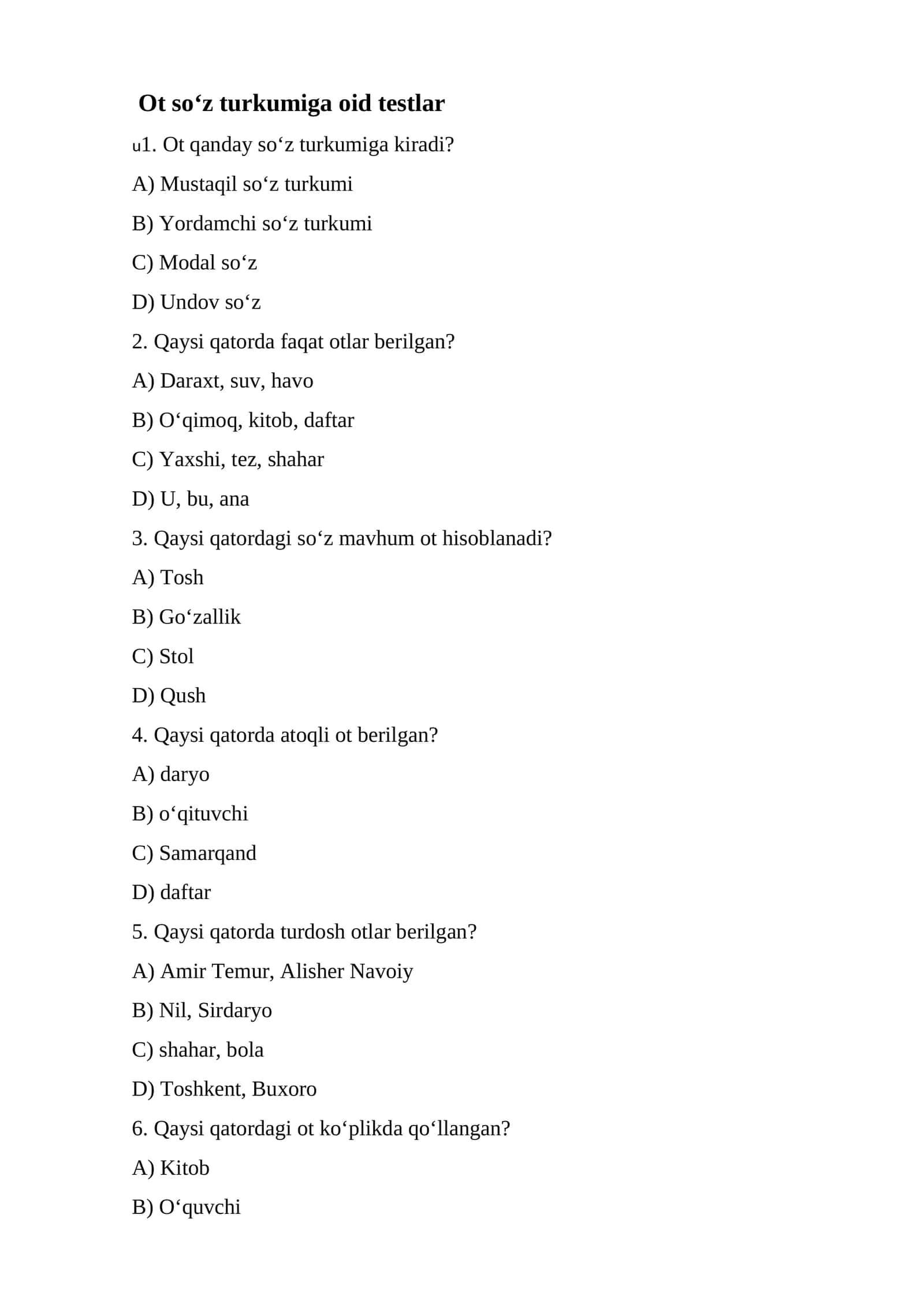 Ot so‘z turkumiga oid testlar 1