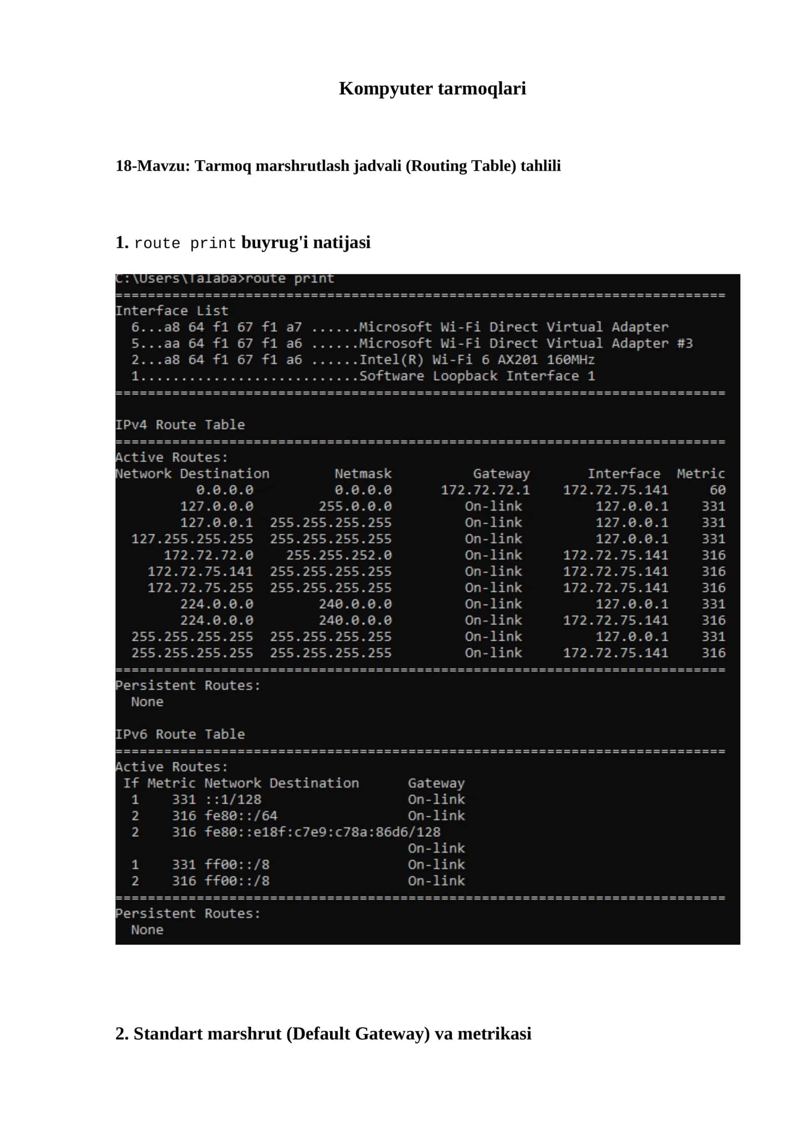 Tarmoq marshrutlash jadvali (Routing Table) tahlili 1