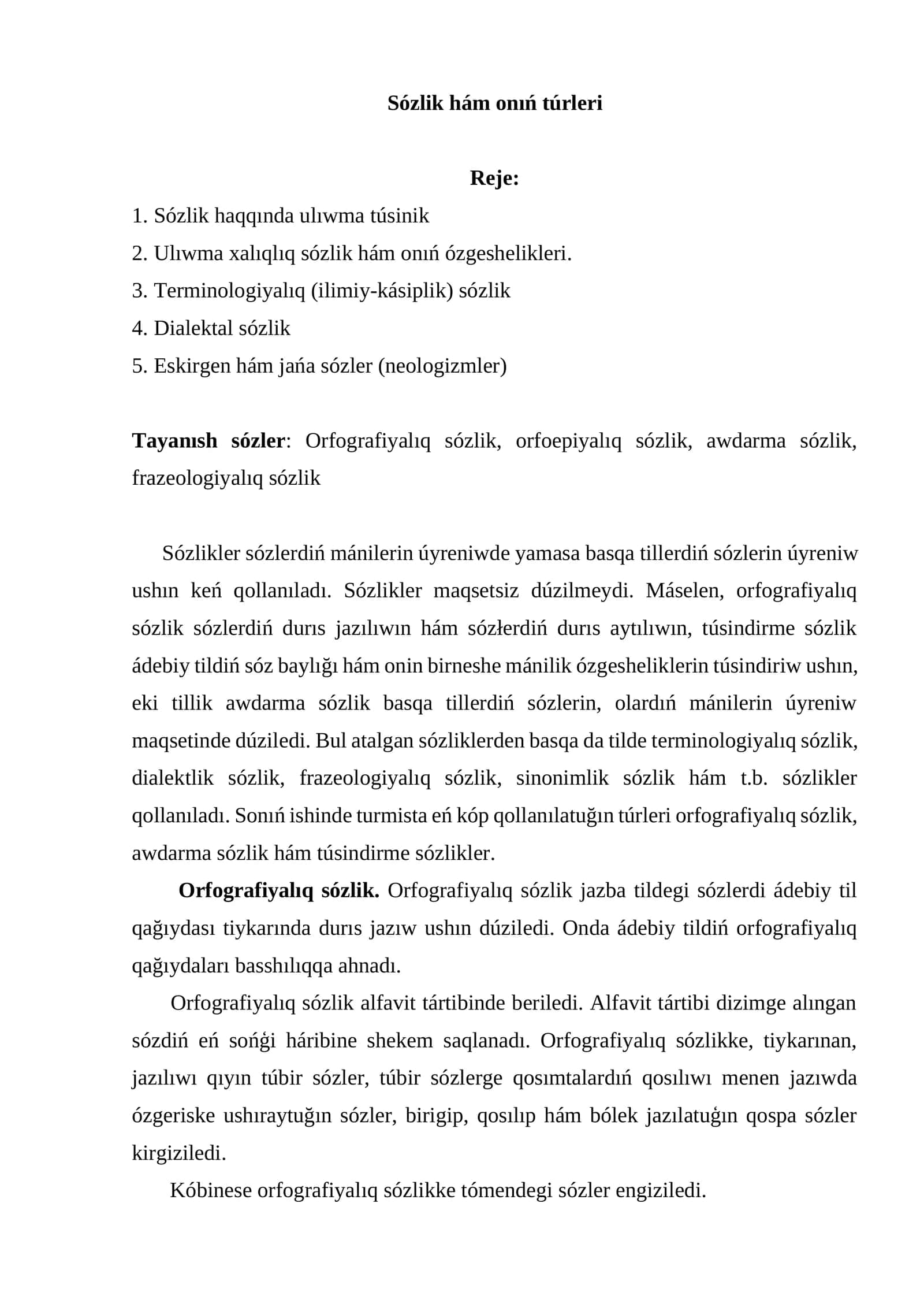Sözlik hám onıń túrleri 1