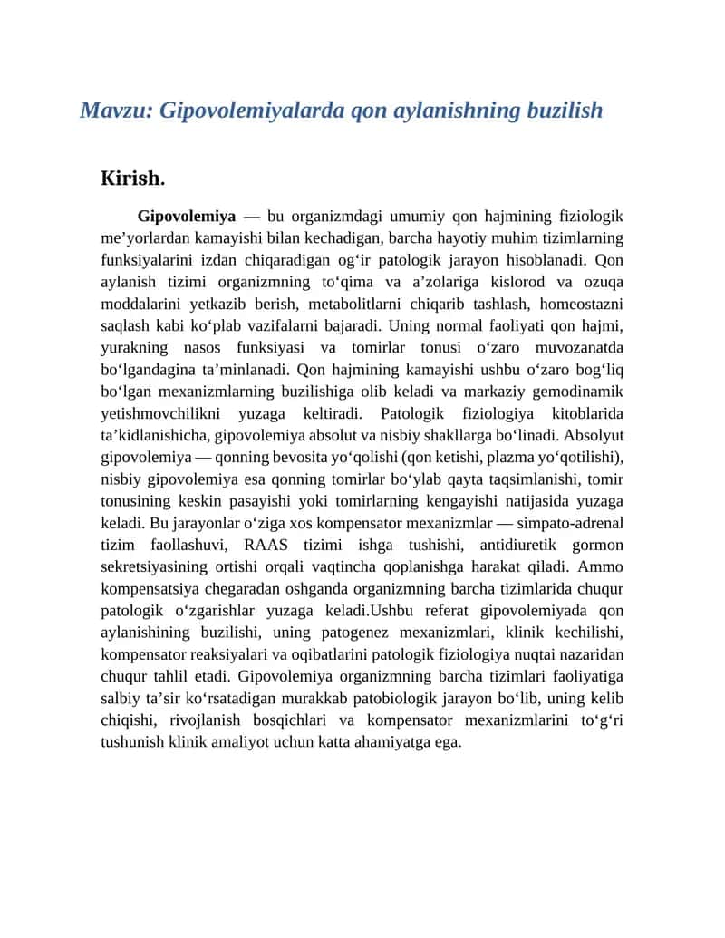 Gipovolemiyada qon aylanishining buzilishi 1