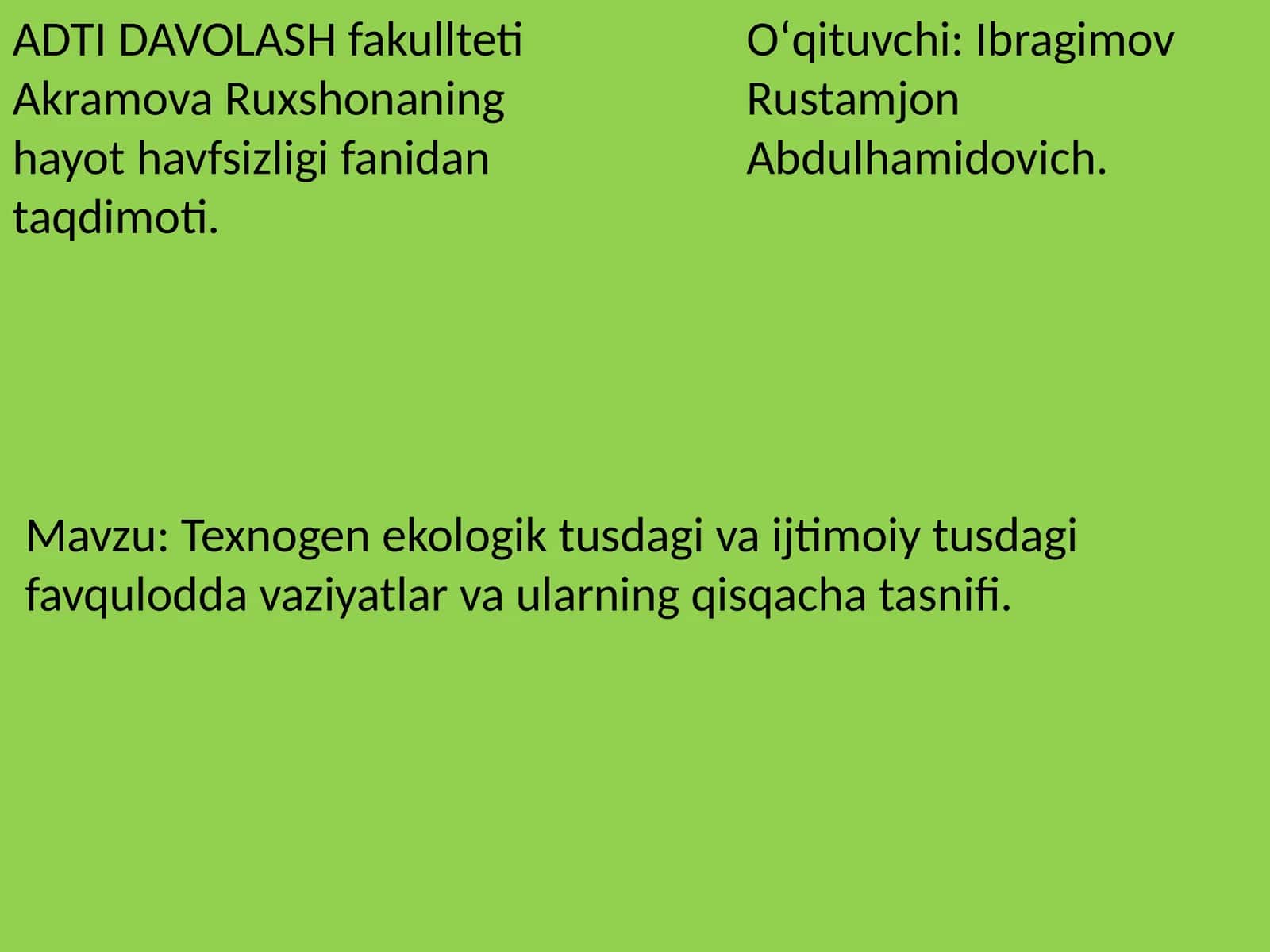 Texnogen ekologik tusdagi va ijtimoiy tusdagi favqulodda vaziyatlar va ularning qisqacha tasnifi 1
