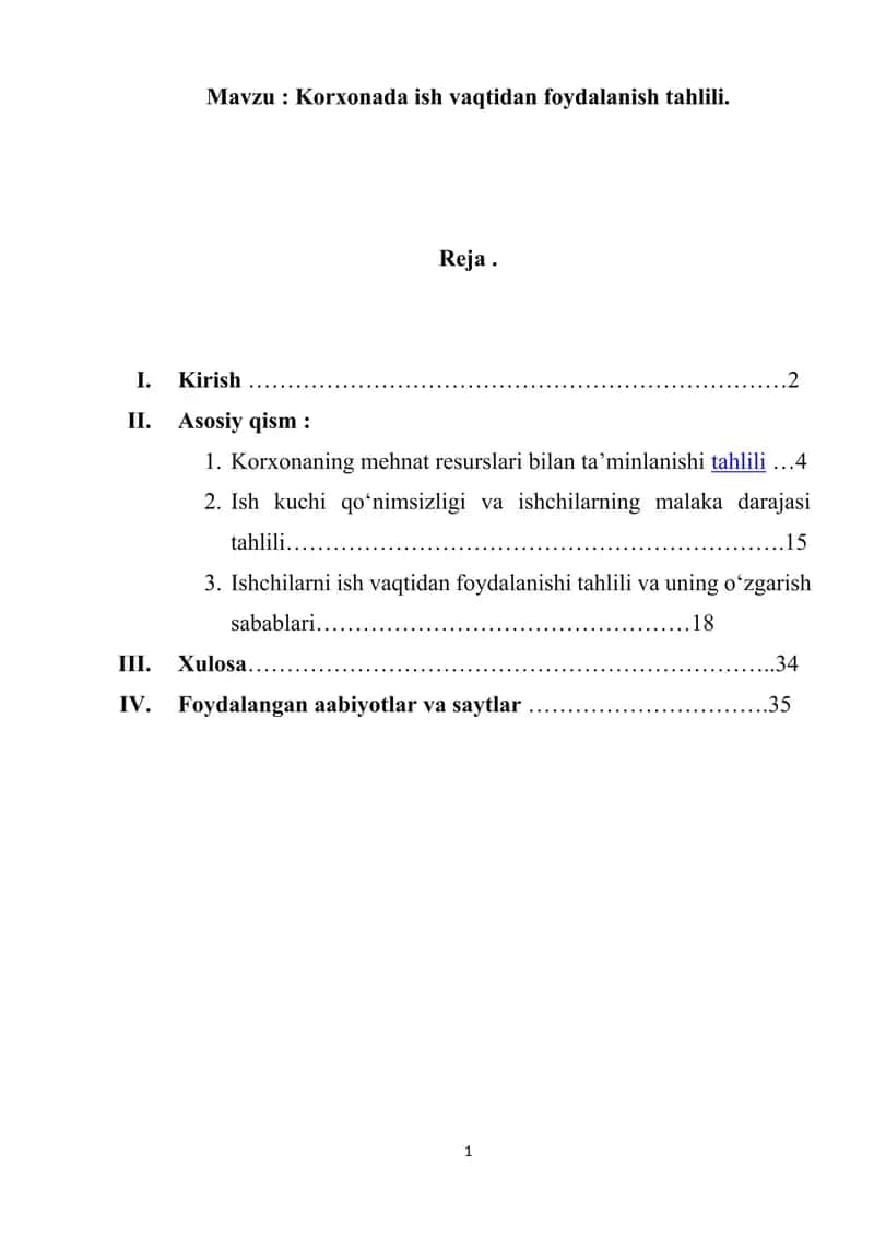 Korxonada ish vaqtidan foydalanish tahlili. 1