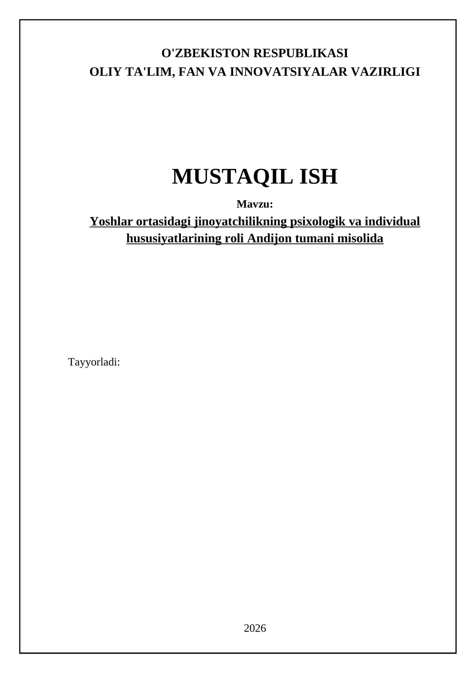 Yoshlar ortasidagi jinoyatchilikning psixologik va individual hususiyatlarining roli Andijon tumani misolida 1