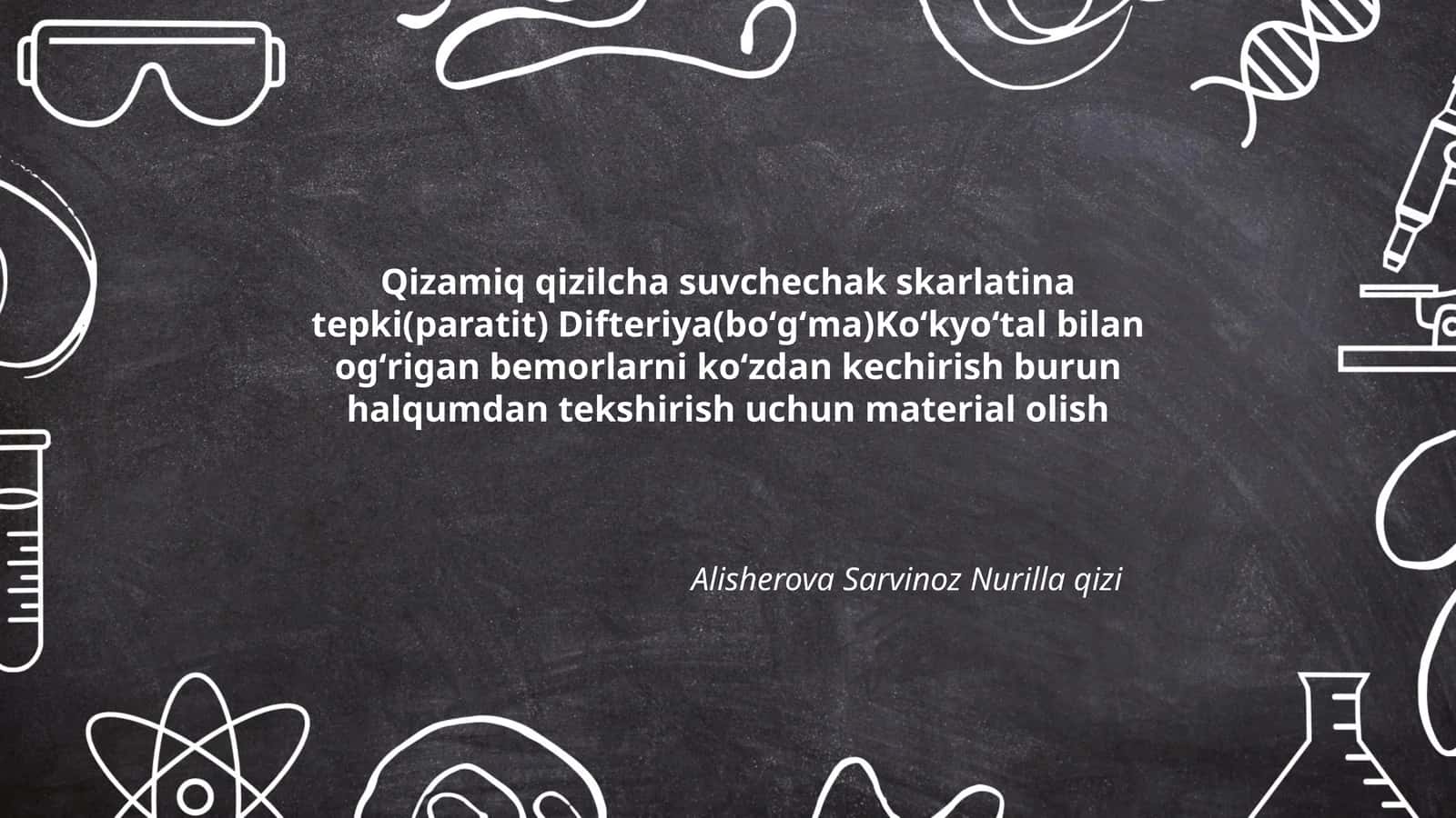Qizamiq qizilcha suvchechak skarlatina tepki(paratit) Difteriya(boʻgʻma)Koʻkyoʻtal bilan ogʻrigan bemorlarni koʻzdan kechirish burun halqumdan tekshirish uchun material olish 1