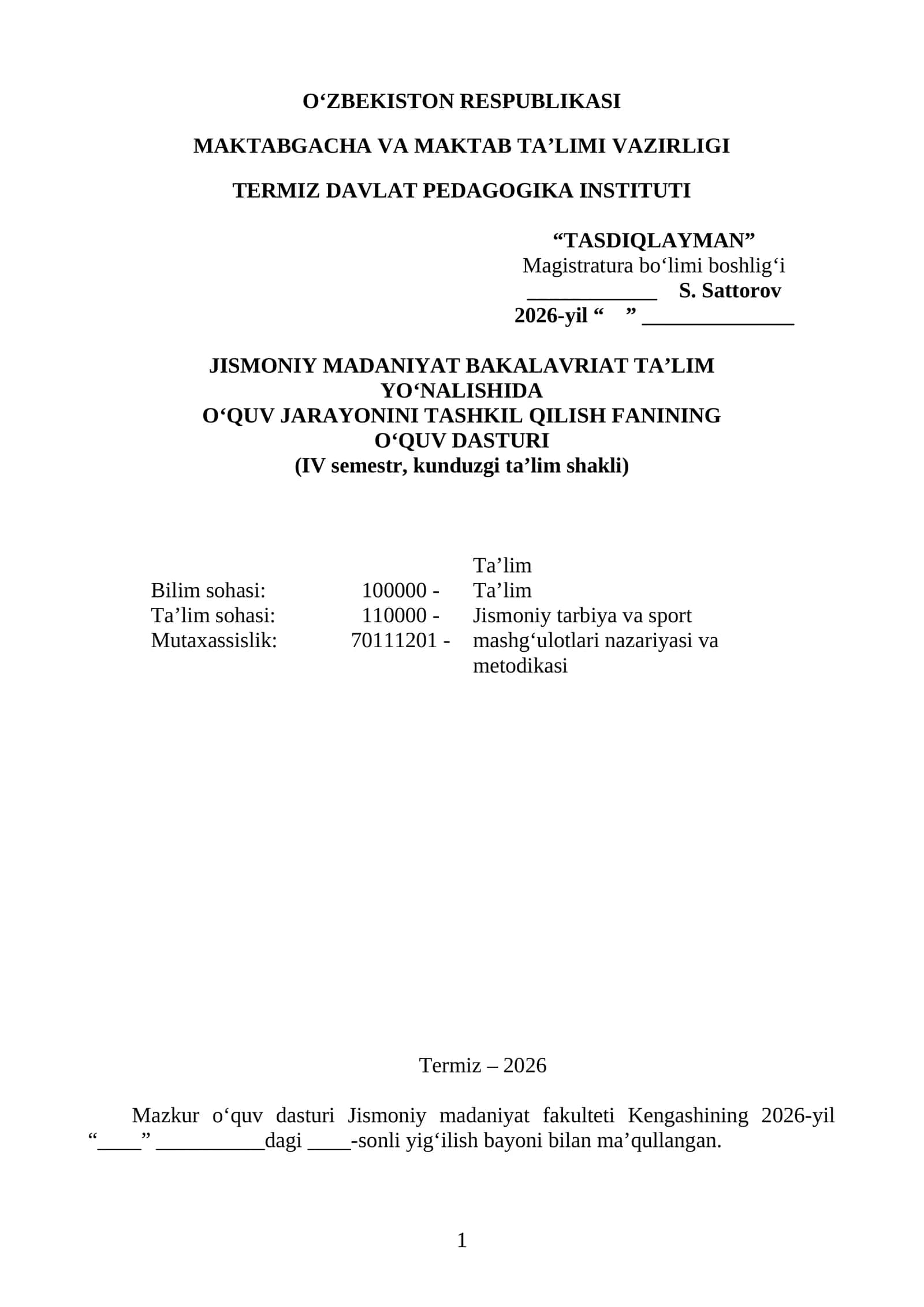 JISMONIY MADANIYAT BAKALAVRIAT TA’LIM YO‘NALISHIDA O‘QUV JARAYONINI TASHKIL QILISH o'quv dasturi 2026 1