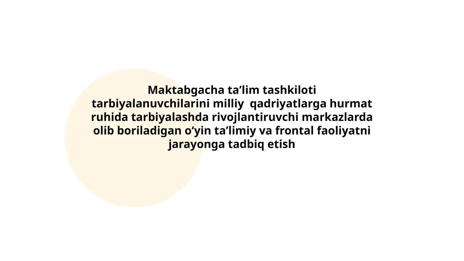 Maktabgacha taʼlim tashkiloti tarbiyalanuvchilarini milliy qadriyatlarga hurmat ruhida tarbiyalashda rivojlantiruvchi markazlarda olib boriladigan oʻyin taʼlimiy va frontal faoliyatni jarayonga tadbiq etish 1