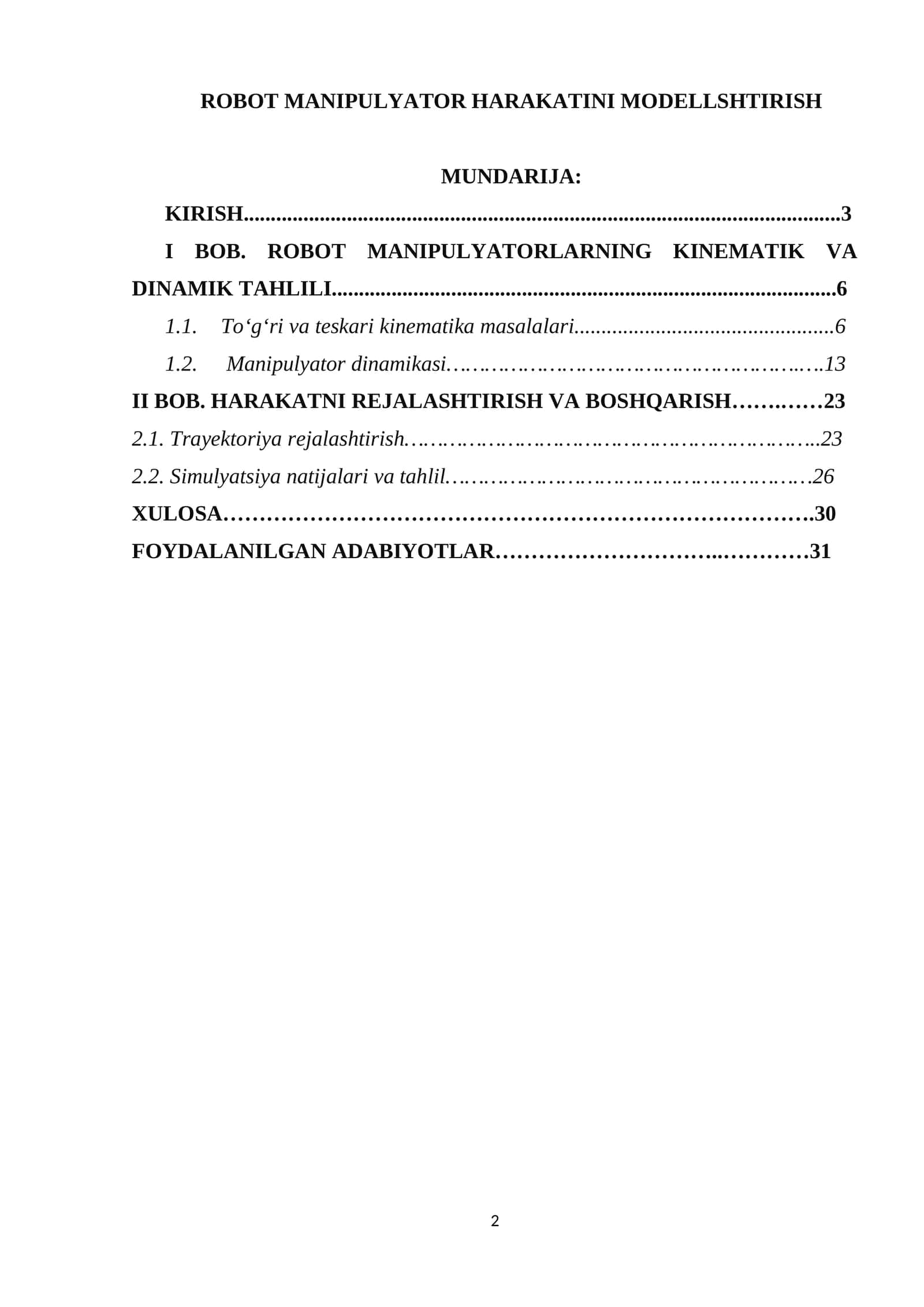 ROBOT MANIPULYATOR HARAKATINI MODELLSHTIRISH 1