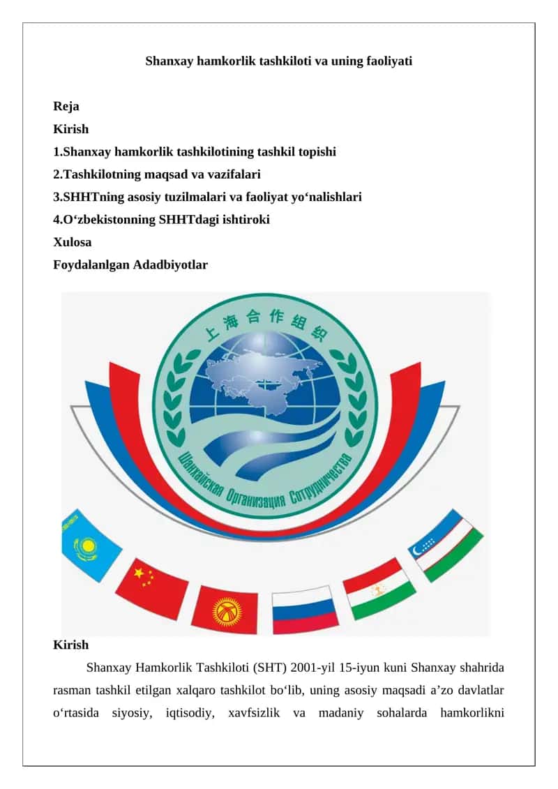 Shanxay hamkorlik tashkiloti va uning faoliyati 1