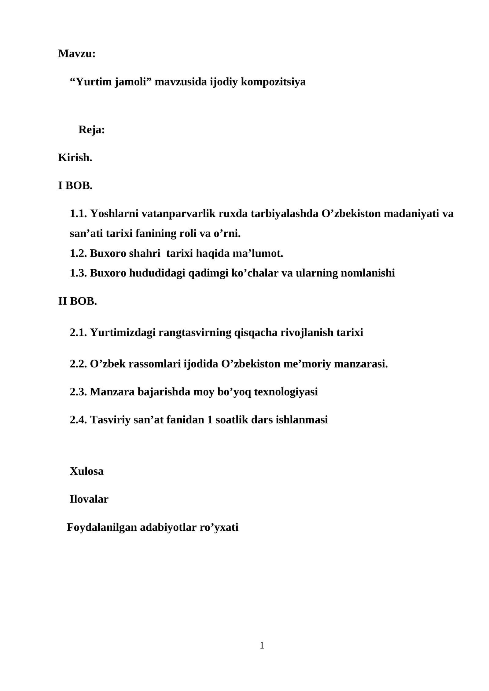 “Yurtim jamoli” mavzusida ijodiy kompozitsiya. Bitiruv malakaviy ishi 1