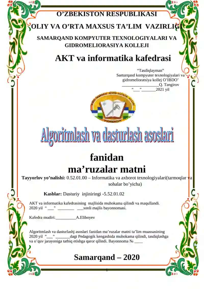 Algoritmlash va dasturlash