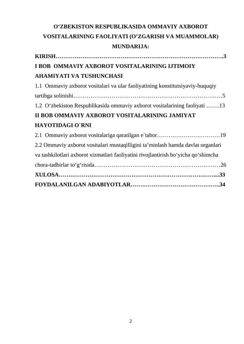 ‘ZBEKISTON RESPUBLIKASIDA OMMAVIY AXBOROT VOSITALARINING FAOLIYATI (O’ZGARISH VA MUAMMOLAR) 1