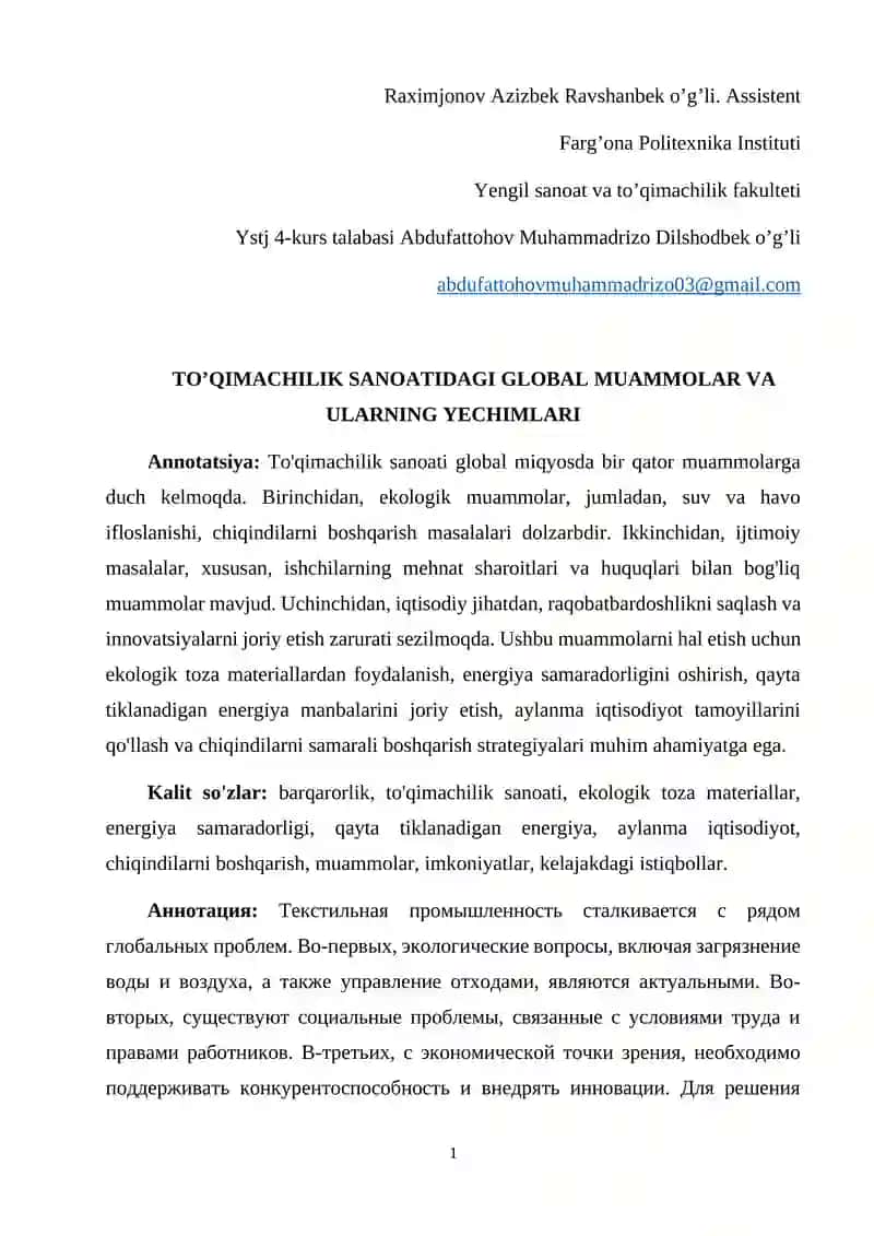 TO’QIMACHILIK SANOATIDAGI GLOBAL MUAMMOLAR VA ULARNING YECHIMLARI