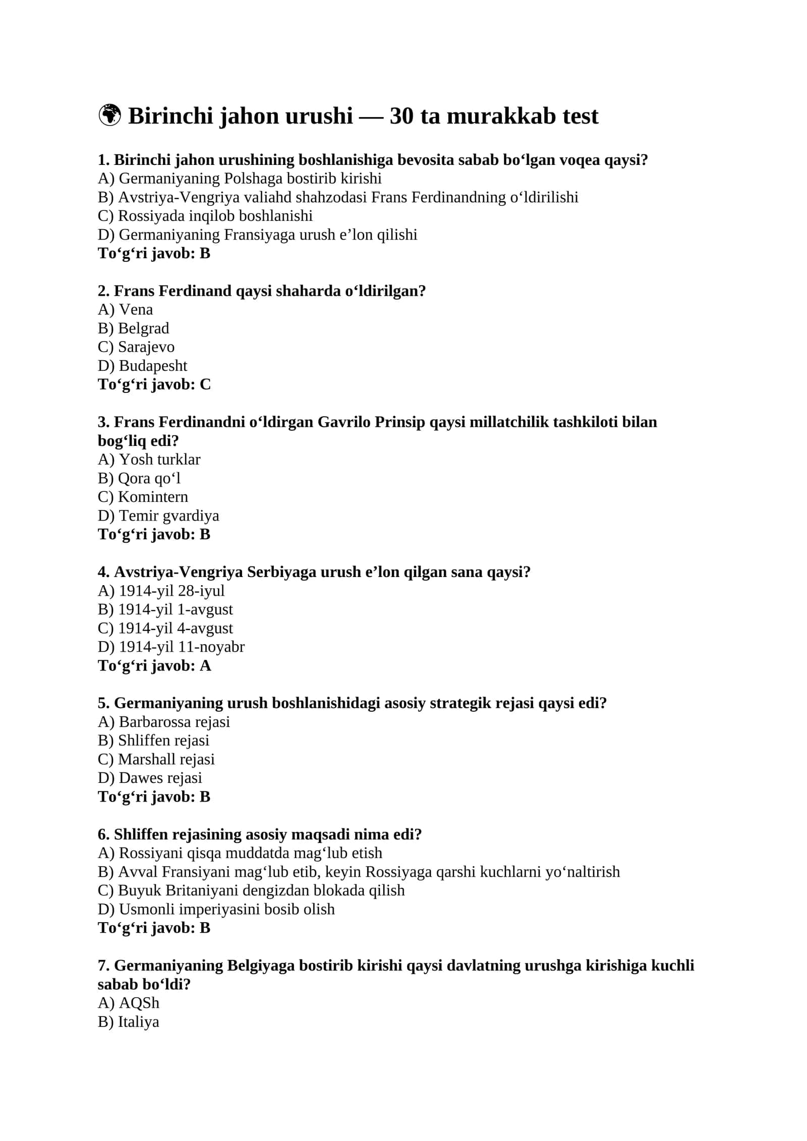 Birinchi jahon urushi bo‘yicha 30 ta murakkab test 1